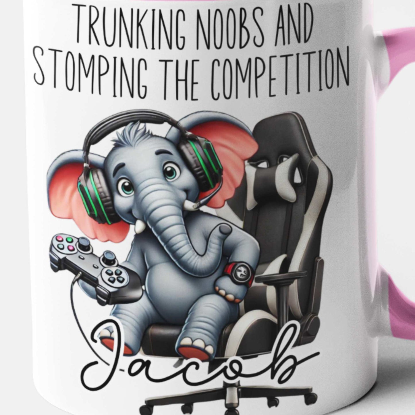 Trunking Noobs & Stomping the Competition Personalised Gamer Elephant Mug – Custom Name Gift for Gamers, Boys, Girls, Teens & Adults – Funny Gaming Mug for Birthdays & Christmas