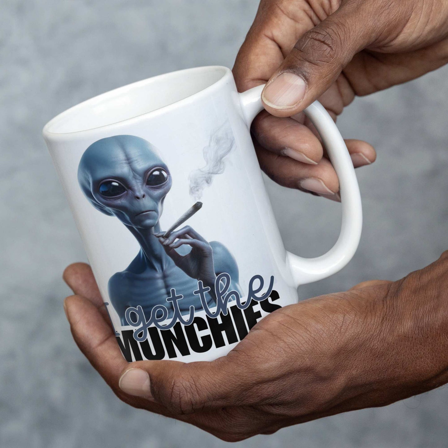 I Get the Munchies Stoner Blue Alien Mug - Funny Alien Smoking Mug, Quirky Coffee Cup, Hilarious Tea Mug, Humorous Weed Coaster