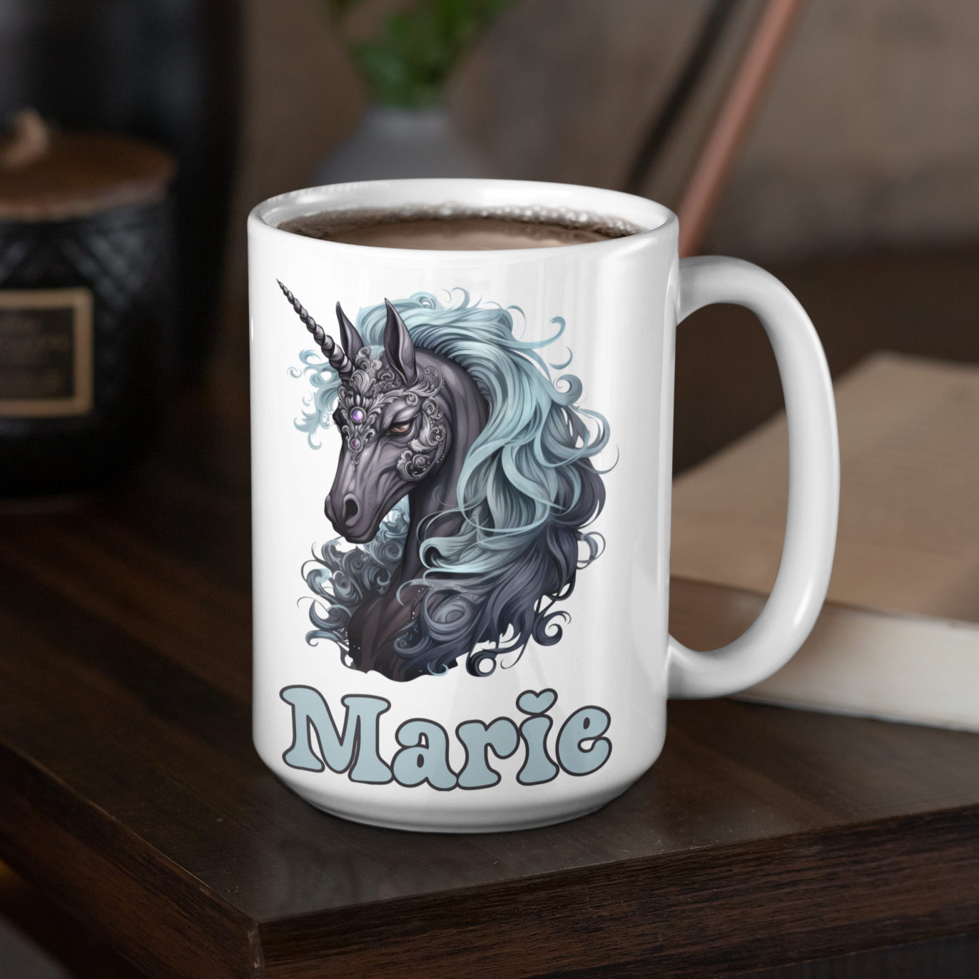 Gothic unicorn blue hair personalised coffee mug