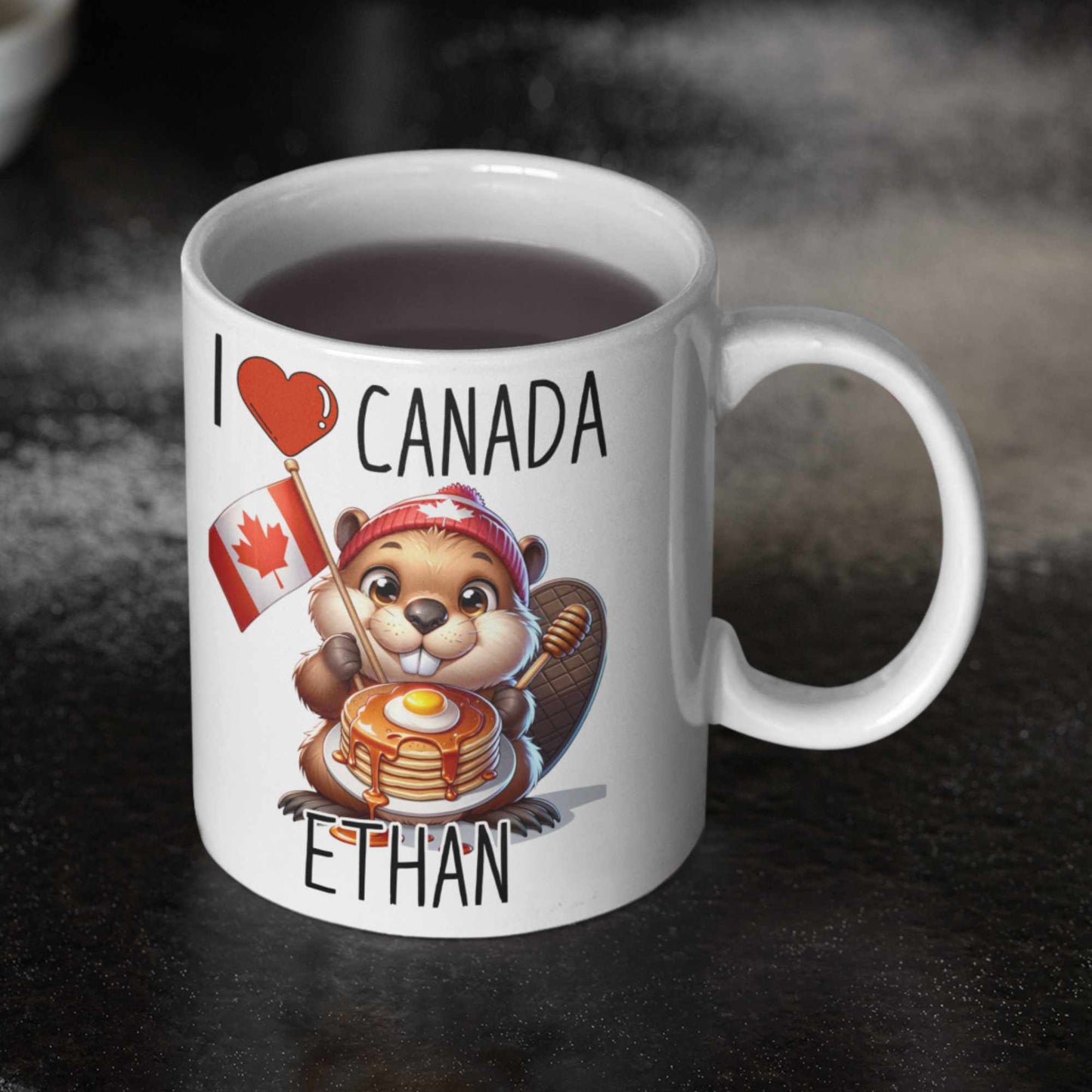 Personalised I love Canada Beaver Mug with Maple Syrup Stack – Custom Name Gift, Canadian Souvenir, Cute Beaver Lover Present
