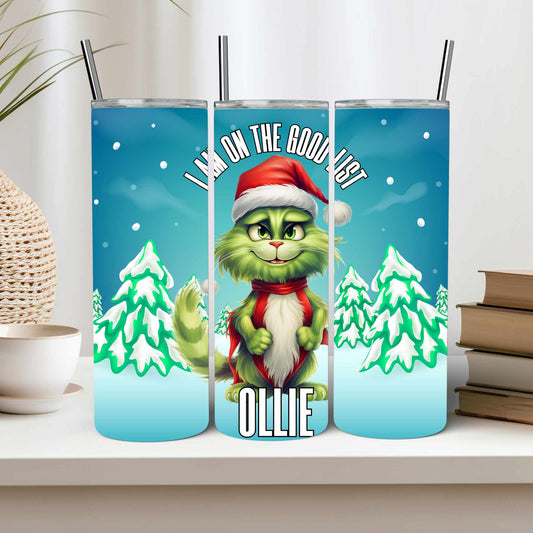 On the good list green cat personalised tumbler