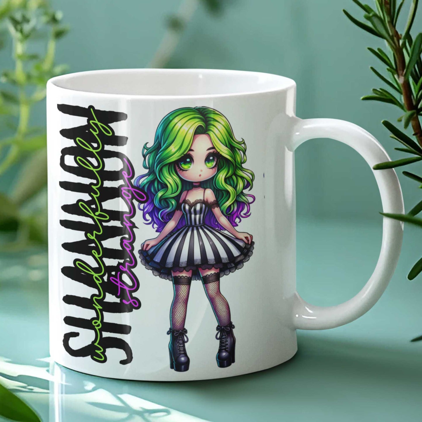 Wonderfully Strange Personalised Mug โ Alternative Gothic Anime Character Gift, Custom Name Goth Mug, Unique Coffee Mug, 11oz & 15oz Ceramic, 20oz Tumbler