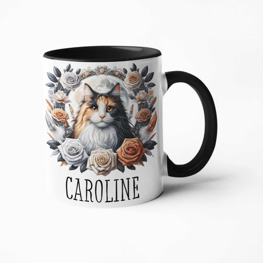 Calico long haired cat personalised tumbler, mug or coaster