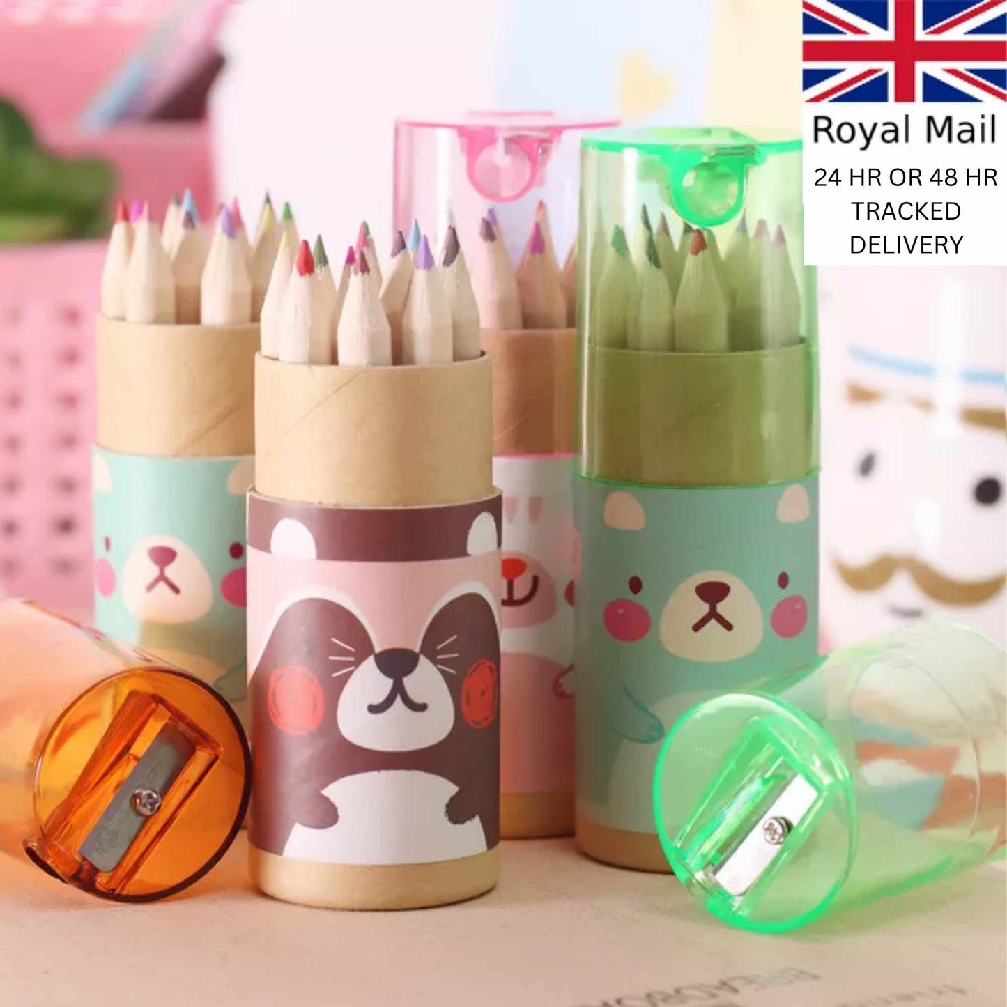 Animal Mini Colour Pencil Set with built in Sharpener | 12 Colour Pencils for Kids | Fits Inside Mugs | Perfect Party Favours & Creative Gifts