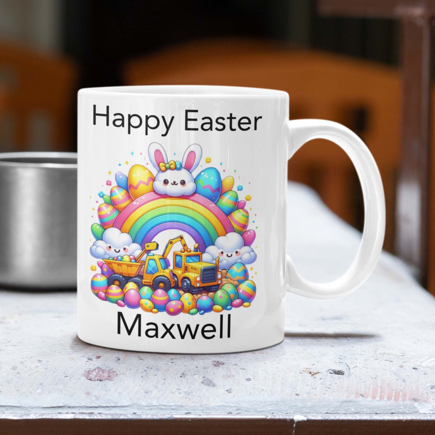 Children's Easter mug personalised with name construction vehicle theme for boys girls