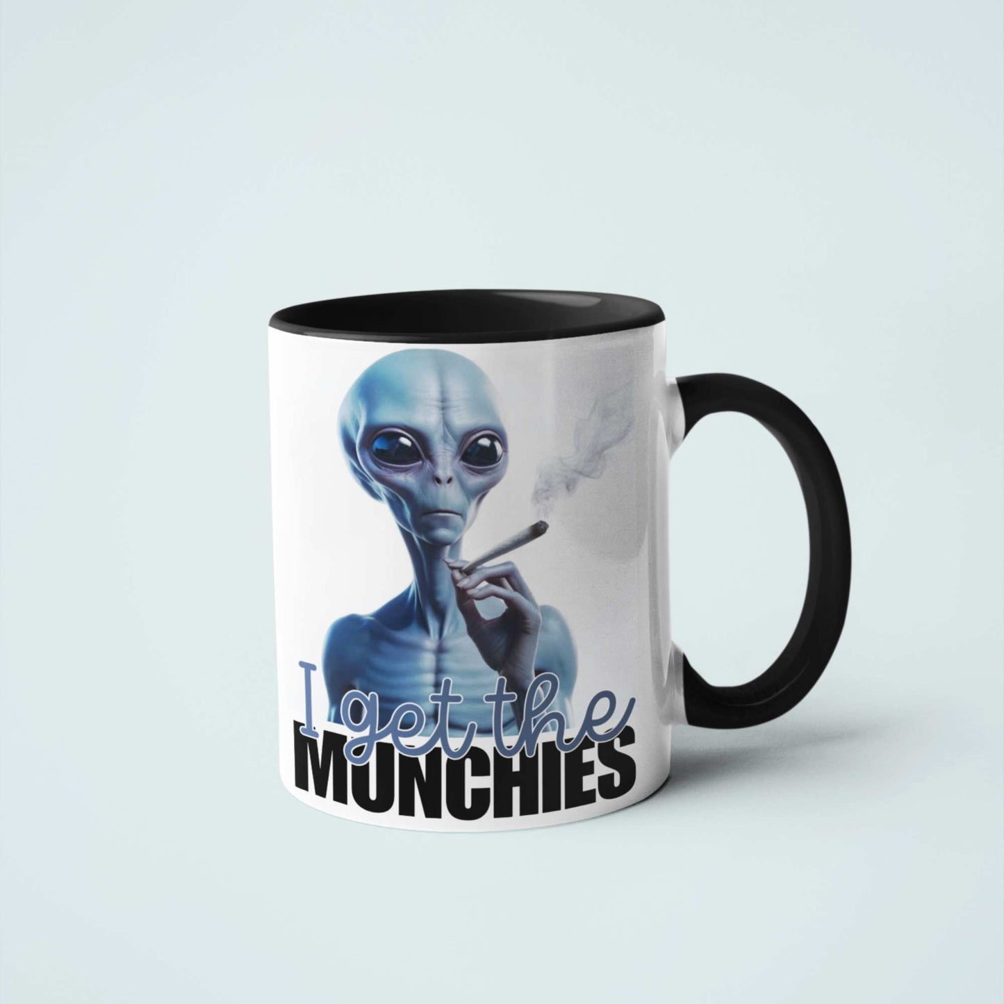 I Get the Munchies Stoner Blue Alien Mug - Funny Alien Smoking Mug, Quirky Coffee Cup, Hilarious Tea Mug, Humorous Weed Coaster