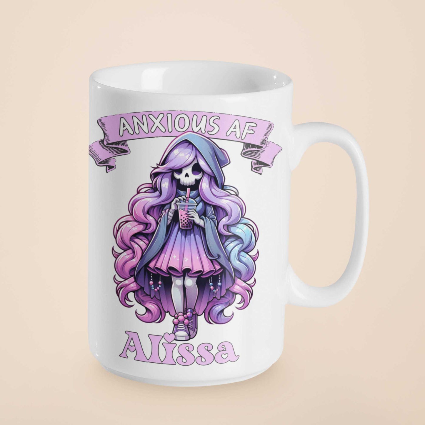 Anxious AF Grim Reaper Boba Tea Mug - Personalised Name Gift | Cute Goth Boba Mug for Teens | Funny Anxiety Cup | Halloween, Birthday, Mental Health Awareness Gift