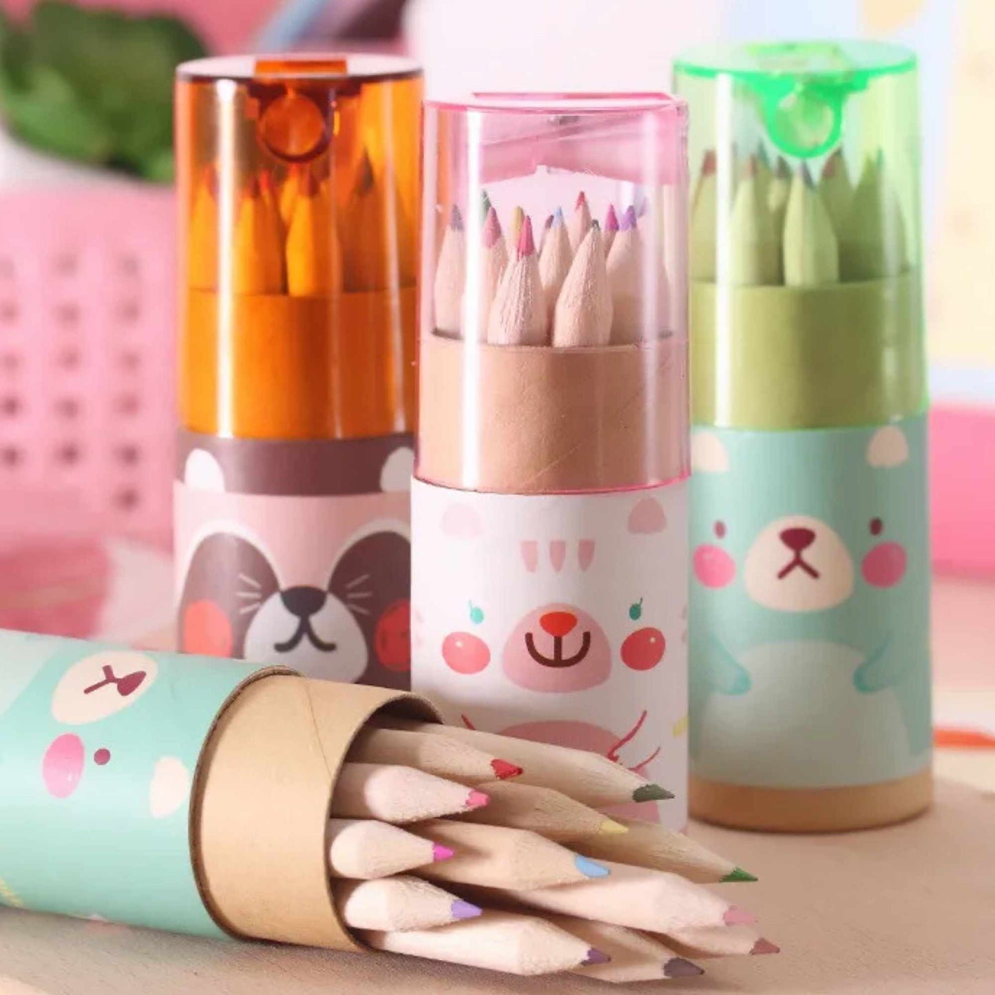 Animal Mini Colour Pencil Set with built in Sharpener | 12 Colour Pencils for Kids | Fits Inside Mugs | Perfect Party Favours & Creative Gifts