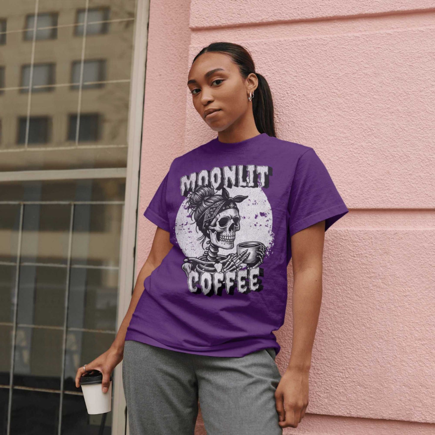 Moonlit Coffee Skeleton T-Shirt | Spooky Coffee Lover Tee | Gothic Women's Shirt | Halloween Gift | Unisex Sizes S-5XL | Quirky Skull Fashion