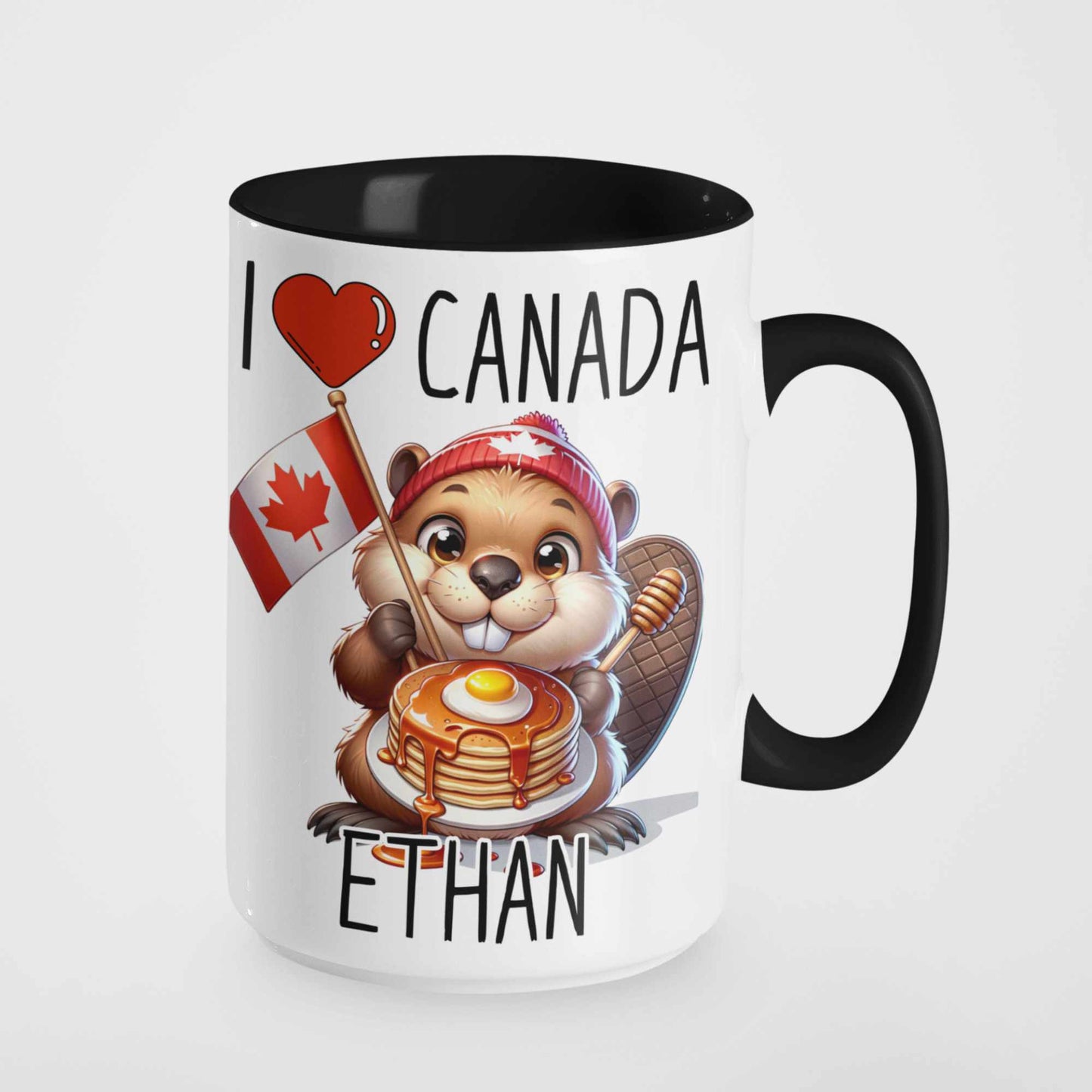Personalised I love Canada Beaver Mug with Maple Syrup Stack – Custom Name Gift, Canadian Souvenir, Cute Beaver Lover Present