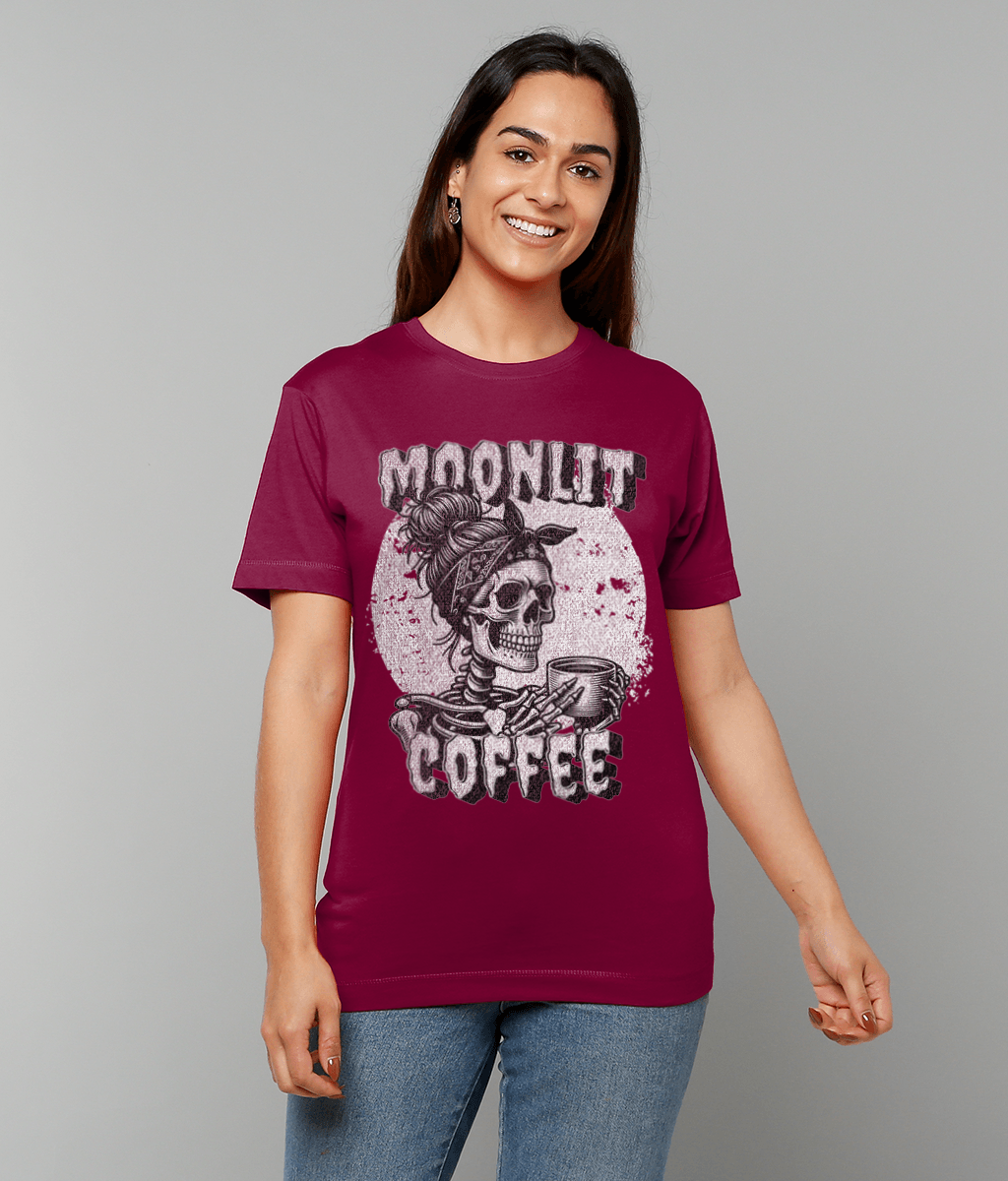 Moonlit Coffee Skeleton T-Shirt | Spooky Coffee Lover Tee | Gothic Women's Shirt | Halloween Gift | Unisex Sizes S-5XL | Quirky Skull Fashion