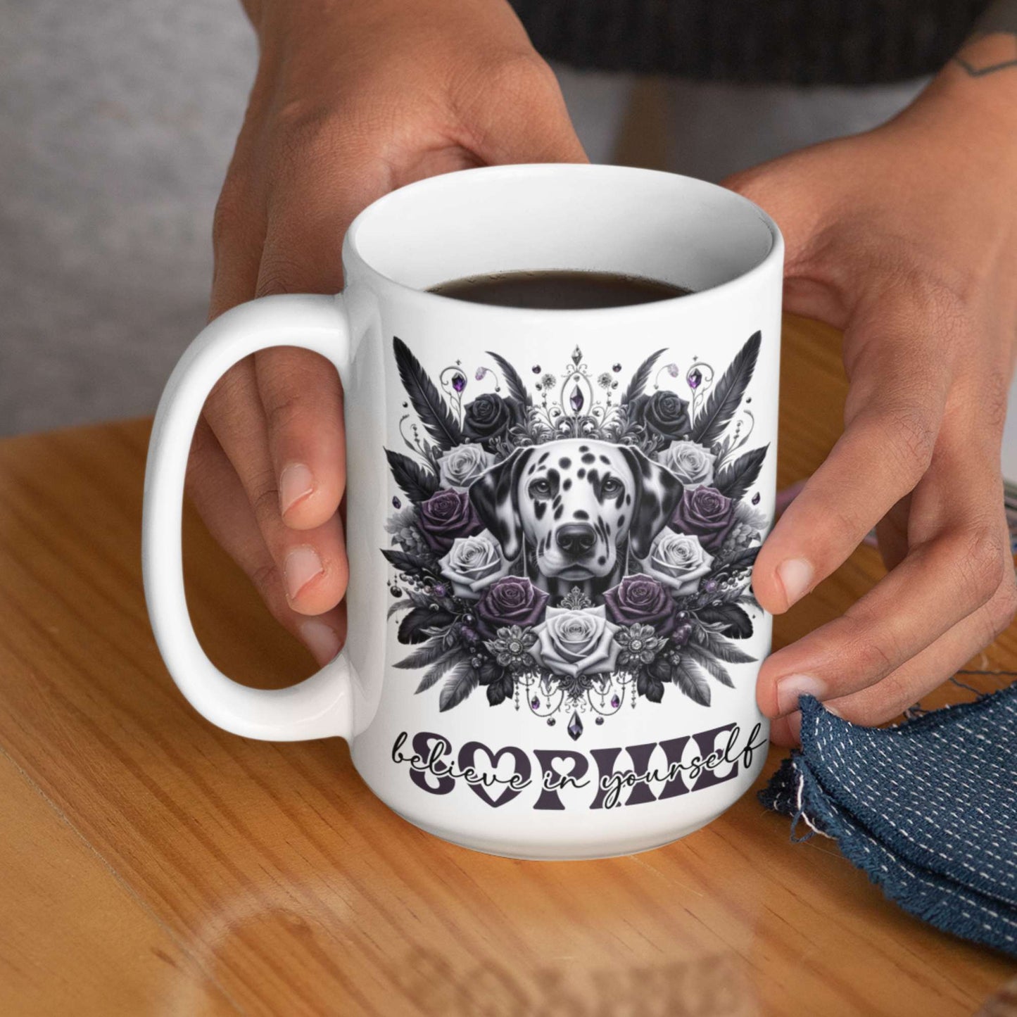 Personalised Dalmatian Dog Mug & Tumbler | 'Believe in Yourself' Inspirational Quote | Custom Name Drinkware, 11oz/15oz Mugs, Coasters