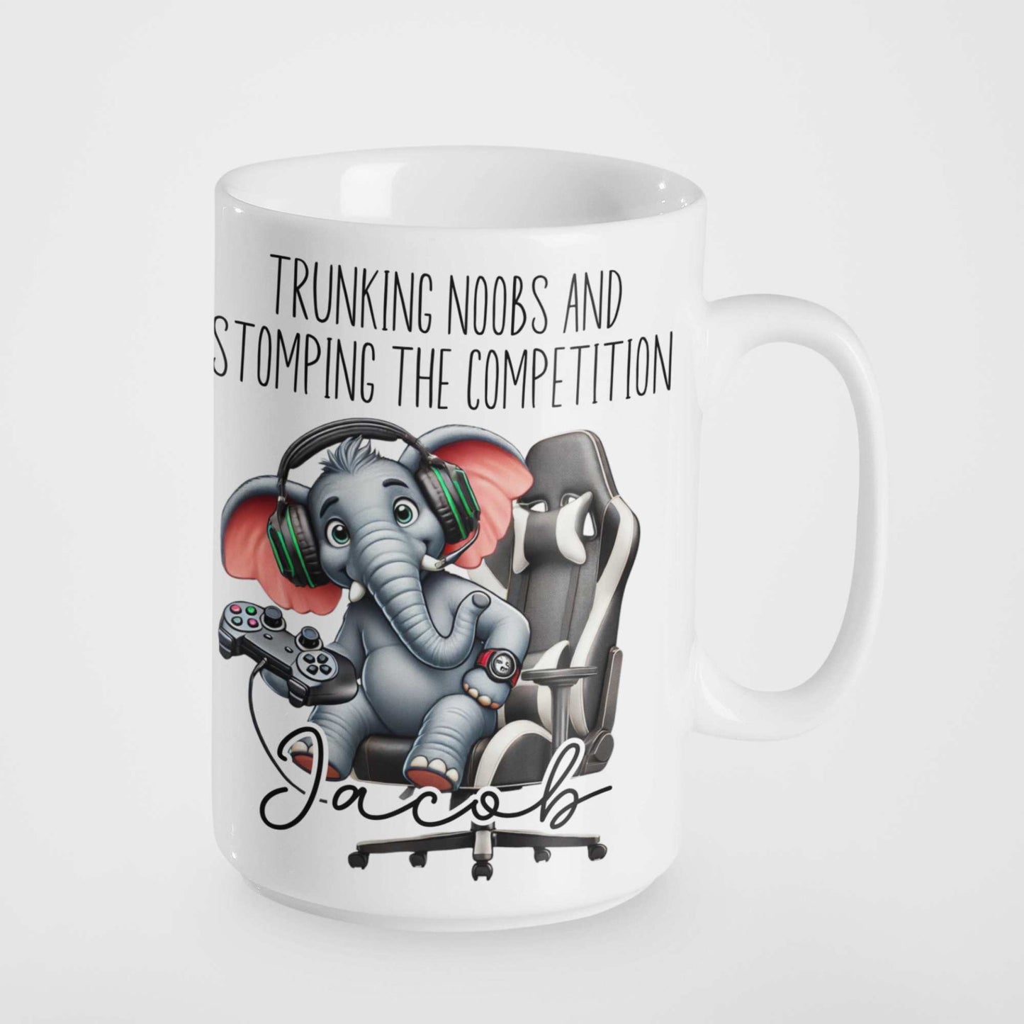 Trunking Noobs & Stomping the Competition Personalised Gamer Elephant Mug – Custom Name Gift for Gamers, Boys, Girls, Teens & Adults – Funny Gaming Mug for Birthdays & Christmas