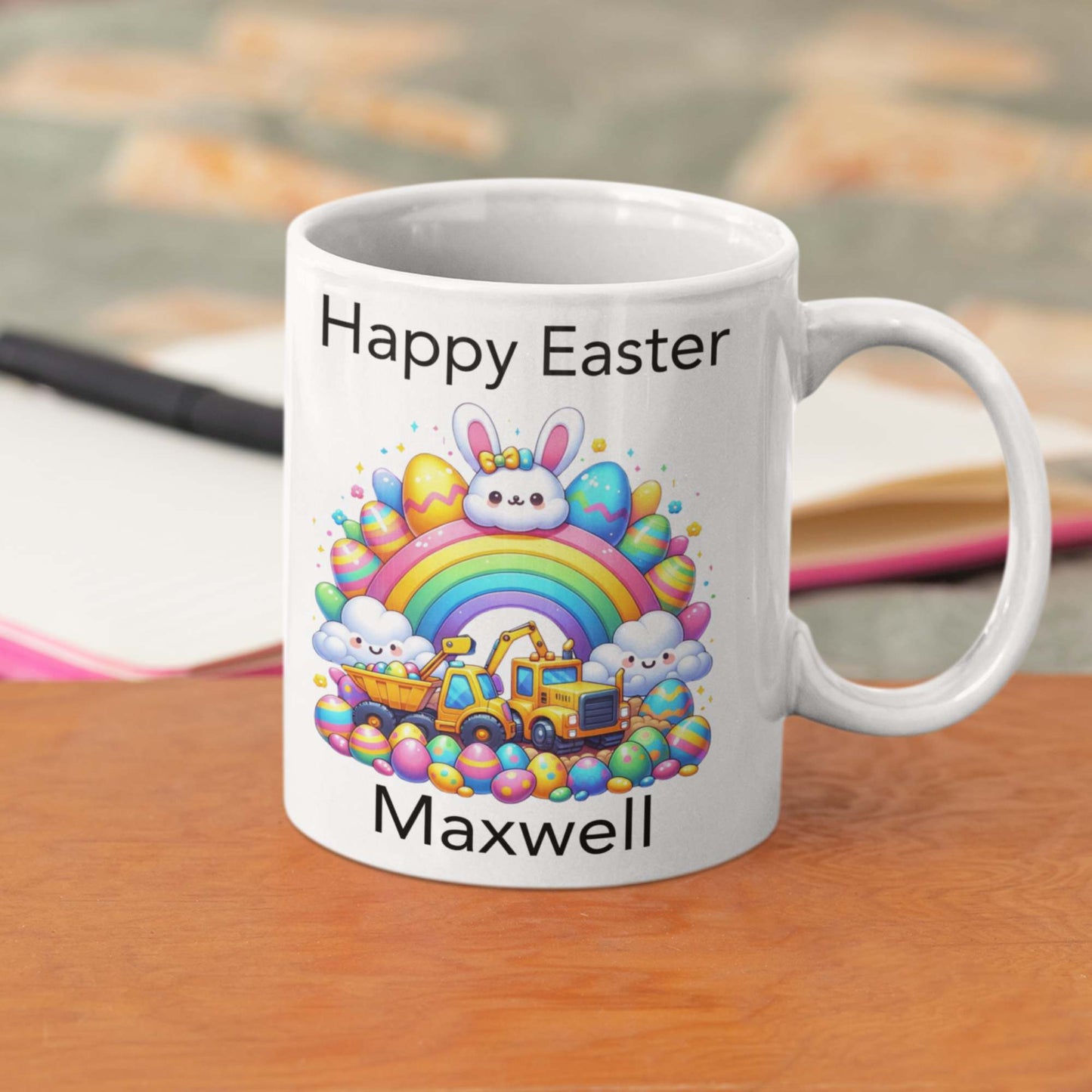 Children's Easter mug personalised with name construction vehicle theme for boys girls