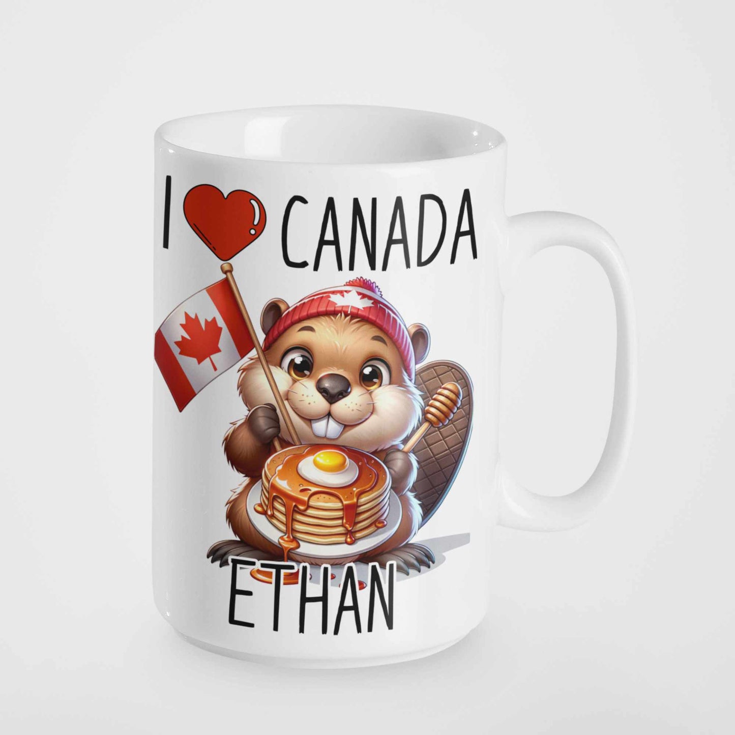 Personalised I love Canada Beaver Mug with Maple Syrup Stack – Custom Name Gift, Canadian Souvenir, Cute Beaver Lover Present