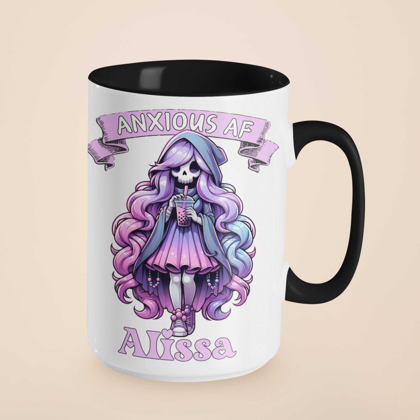 Anxious AF Grim Reaper Boba Tea Mug - Personalised Name Gift | Cute Goth Boba Mug for Teens | Funny Anxiety Cup | Halloween, Birthday, Mental Health Awareness Gift