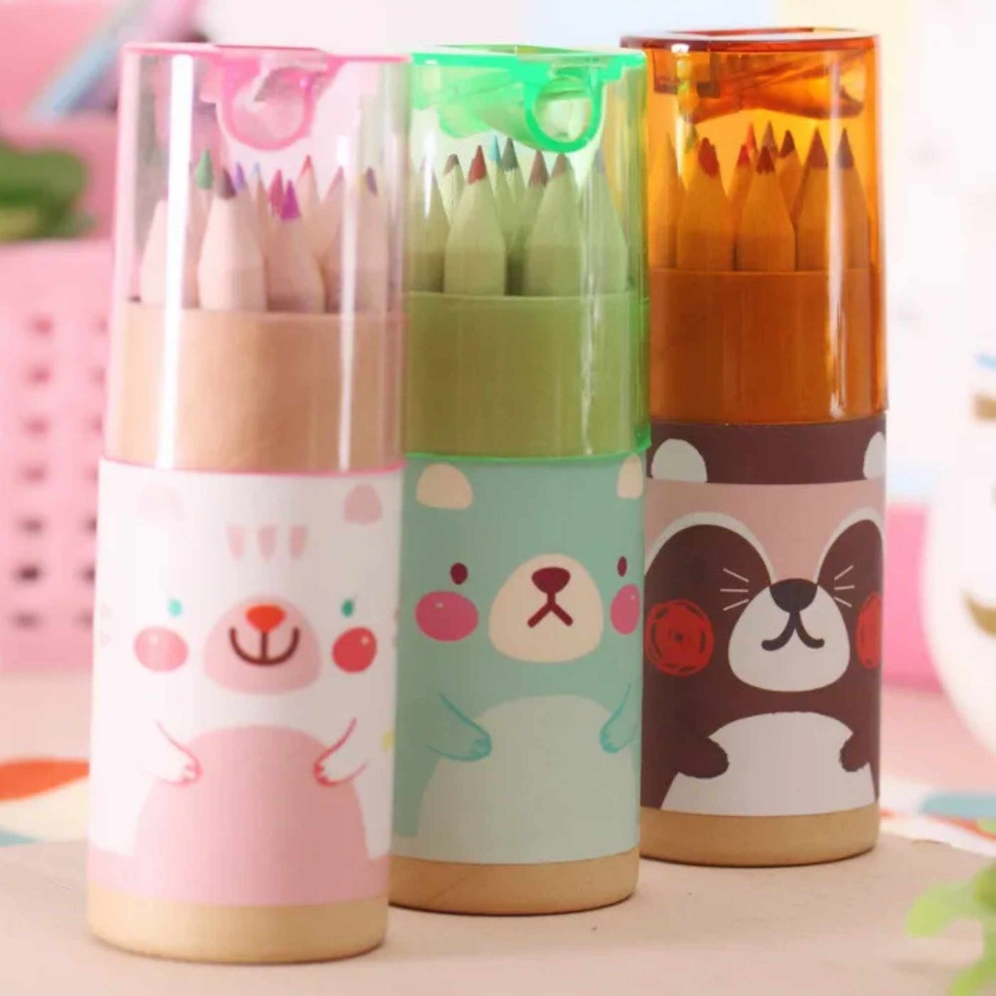 Animal Mini Colour Pencil Set with built in Sharpener | 12 Colour Pencils for Kids | Fits Inside Mugs | Perfect Party Favours & Creative Gifts