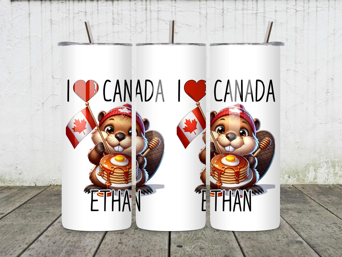 Personalised I love Canada Beaver Mug with Maple Syrup Stack – Custom Name Gift, Canadian Souvenir, Cute Beaver Lover Present