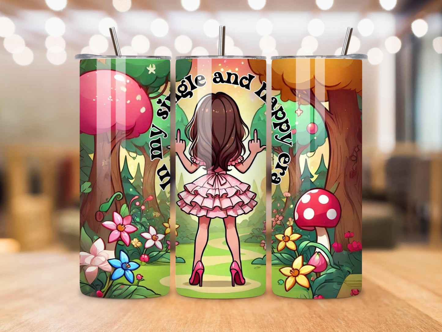 In My Single and Happy Era Funny 20oz Stainless Steel Tumbler - Double Middle Finger, Insulated Travel Mug with Reusable Straws