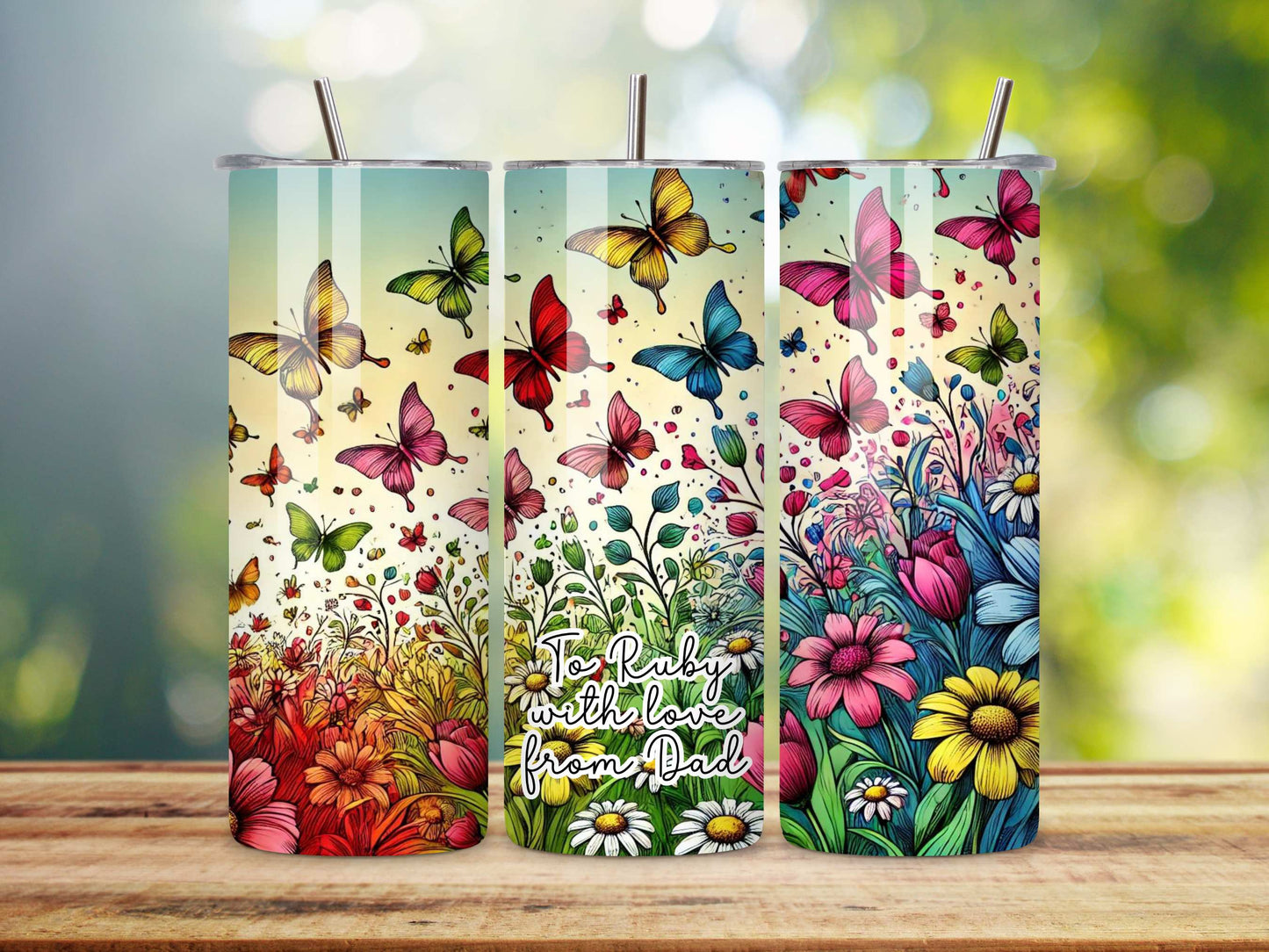 Personalised Butterfly and Floral Stainless Steel Tumbler, Custom Insulated Drinkware, Ideal Gift, Vibrant Colours