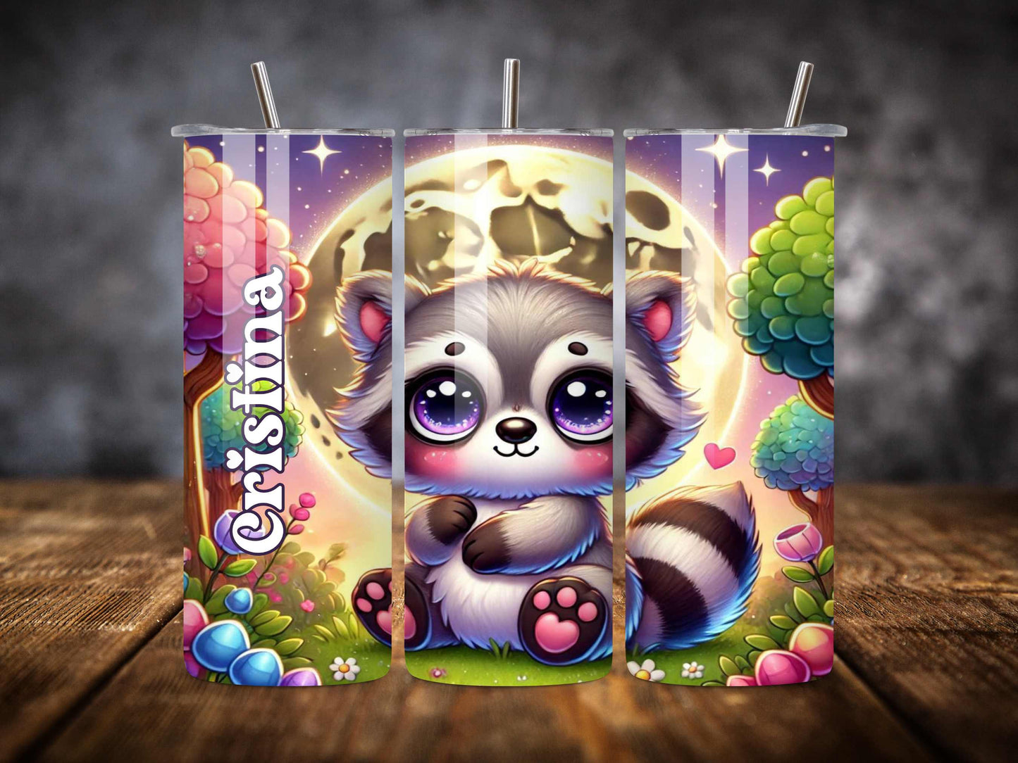 Raccoon Tumbler - Kawaii Moon Design, Custom Name, 20oz Stainless Steel
