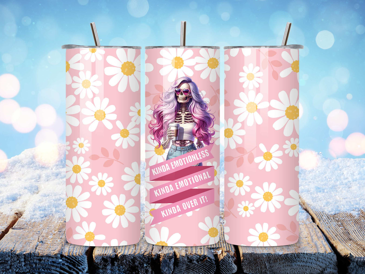 Kinda emotional kinda over it skull pastel colour tumbler