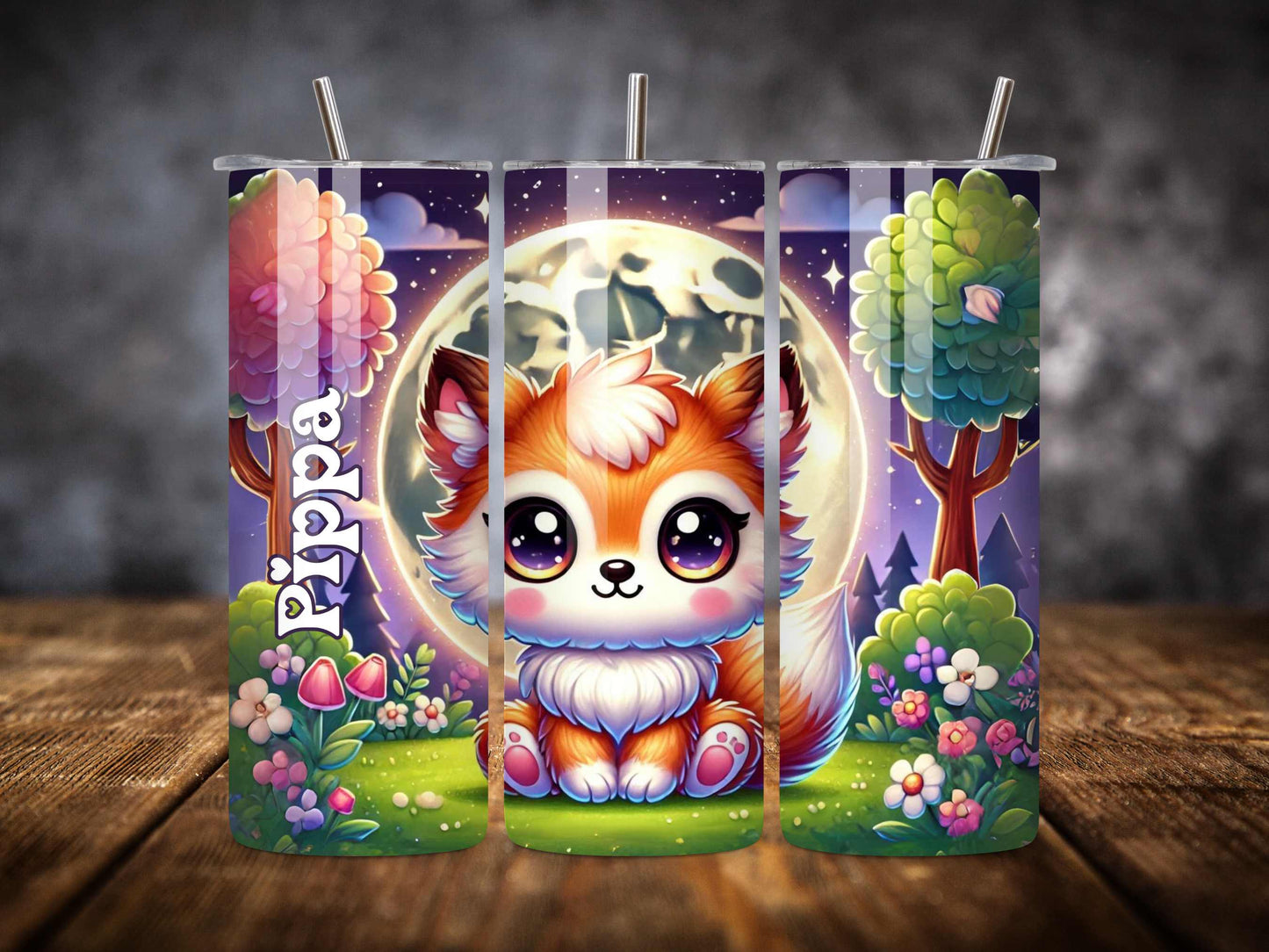 Personalised Kawaii Baby Fox Tumbler - Custom Name, Moon & Forest Background, Cute Kids Drinkware, Stainless Steel, Insulated Travel Cup