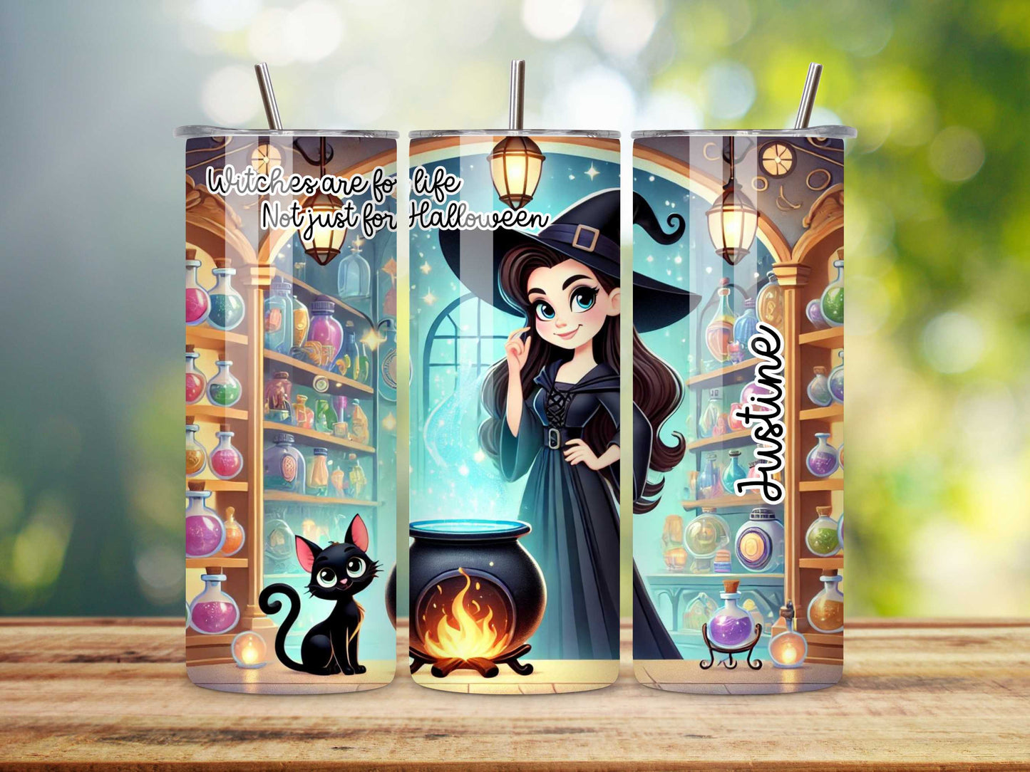 Witches Are For Life Not Just For Halloween Personalised Tumbler, Magical Witch and Black Cat Design, 20oz Stainless Steel Travel Mug, Spooky Gift, Halloween Drinkware
