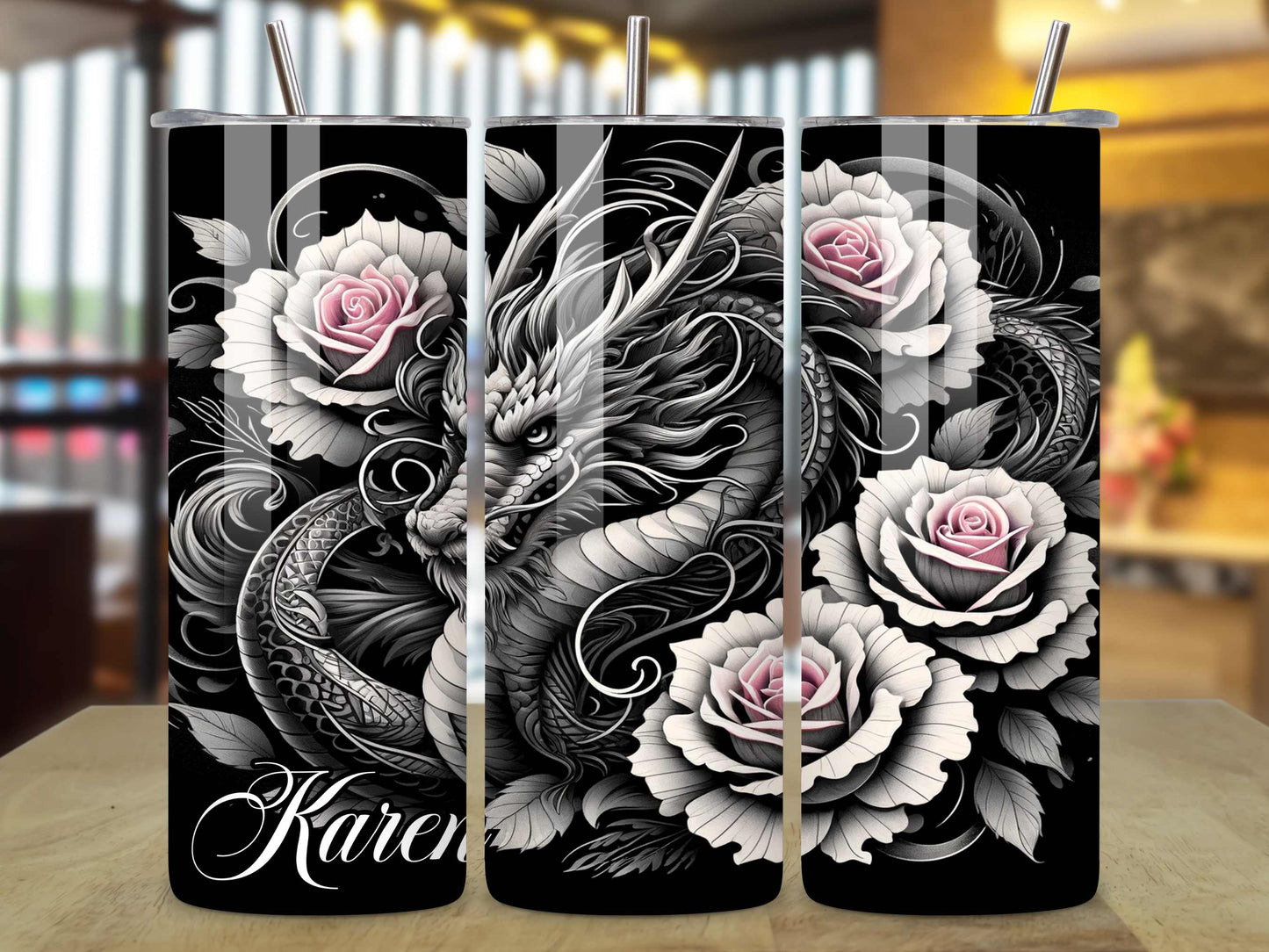 Dragon and Roses Tumbler - Custom Name 20oz Stainless Steel Tumbler