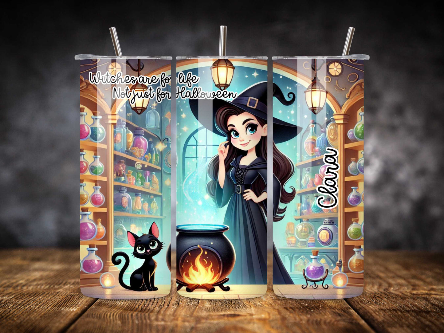 Witches Are For Life Not Just For Halloween Personalised Tumbler, Magical Witch and Black Cat Design, 20oz Stainless Steel Travel Mug, Spooky Gift, Halloween Drinkware