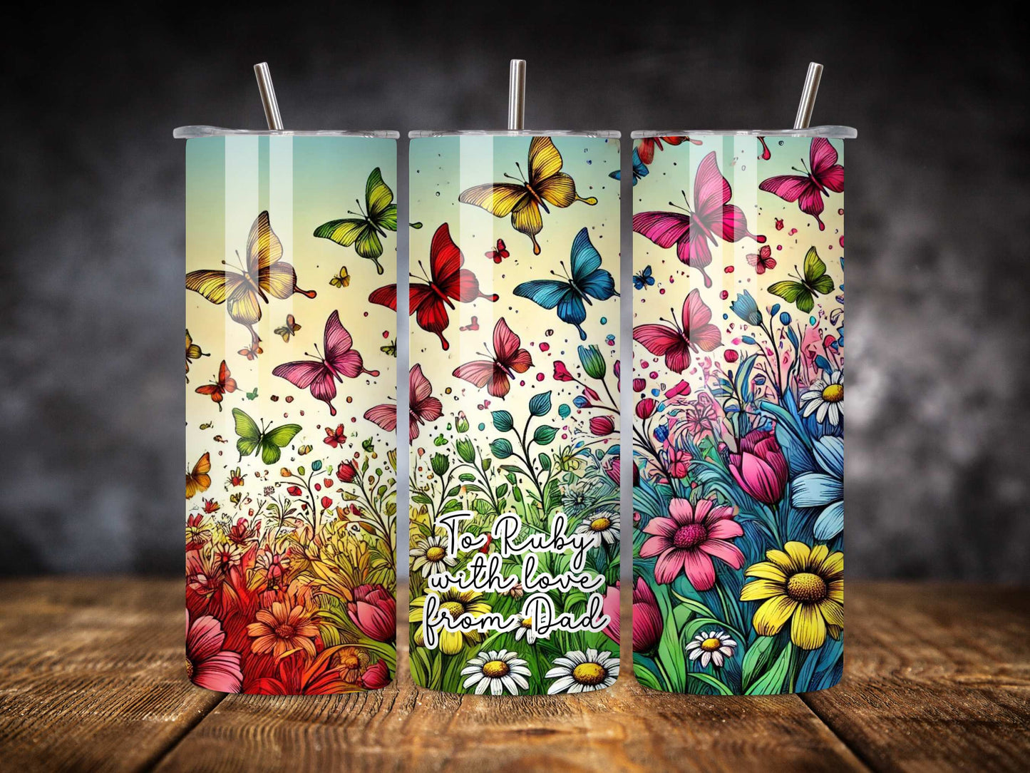 Personalised Butterfly and Floral Stainless Steel Tumbler, Custom Insulated Drinkware, Ideal Gift, Vibrant Colours