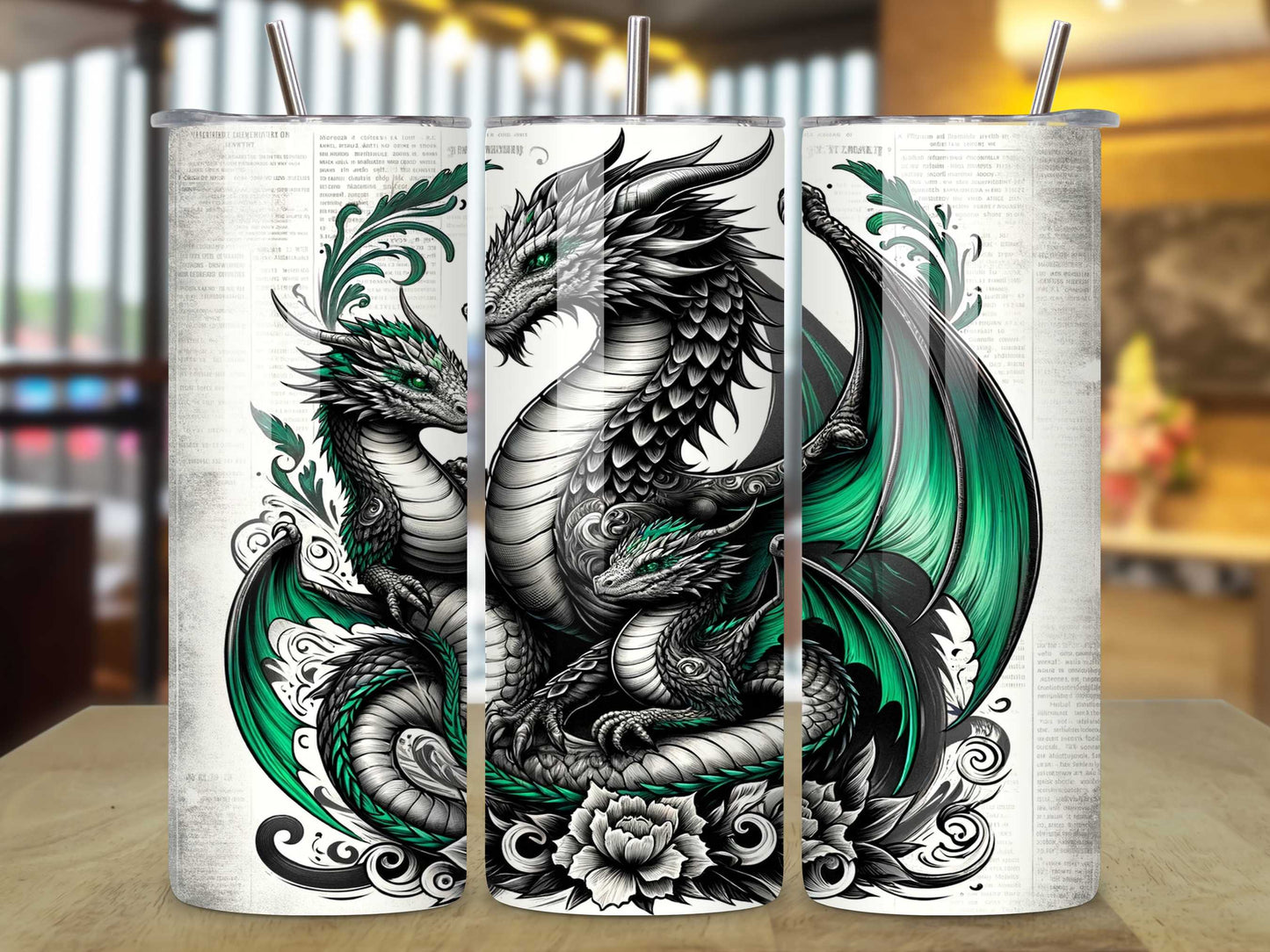 Mummy Dragon with Her Children 20oz Tumbler - Emerald Green, Tattoo Style, Stainless Steel, Spill-Proof, Hot & Cold Drinkware
