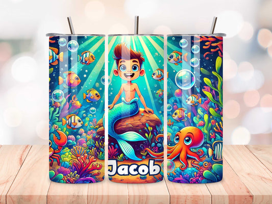 Personalised Merboy Tumbler – Kids 20oz Insulated Drinkware, Custom Name, Sea Life Design, Boys Mermaid Lover Gift