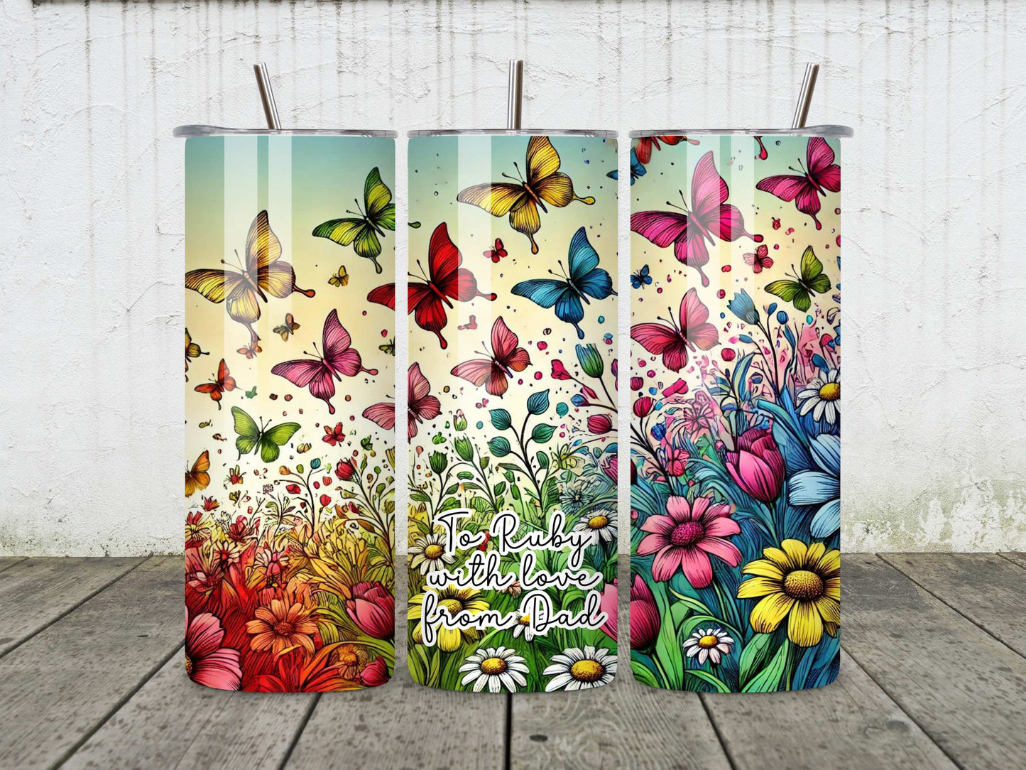 Personalised Butterfly and Floral Stainless Steel Tumbler, Custom Insulated Drinkware, Ideal Gift, Vibrant Colours