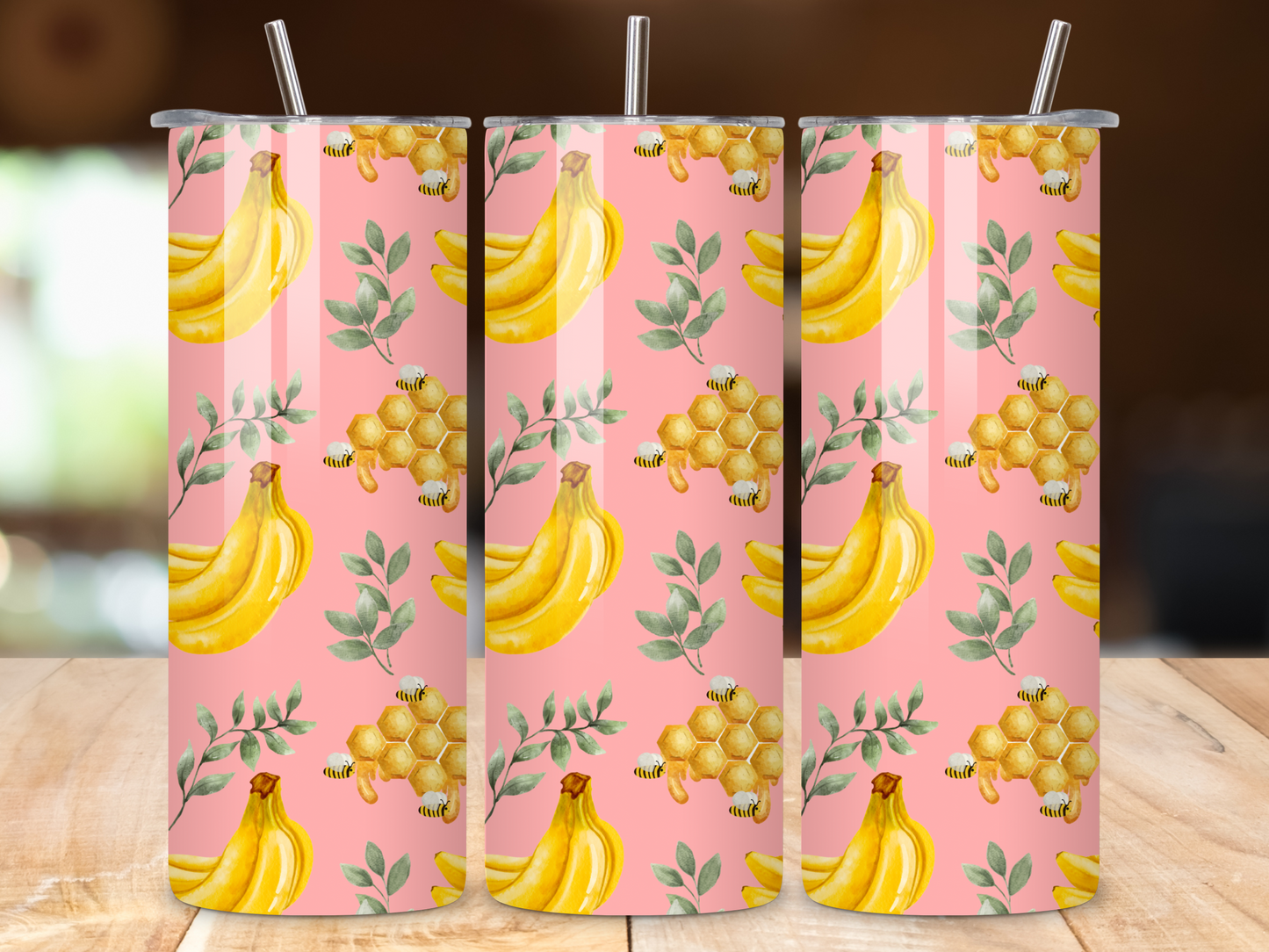 Buzzing Bananas & Honeycomb Tumbler β 20oz Stainless Steel, Insulated Travel Mug, Cute Pink Design, Eco-Friendly Reusable Straws