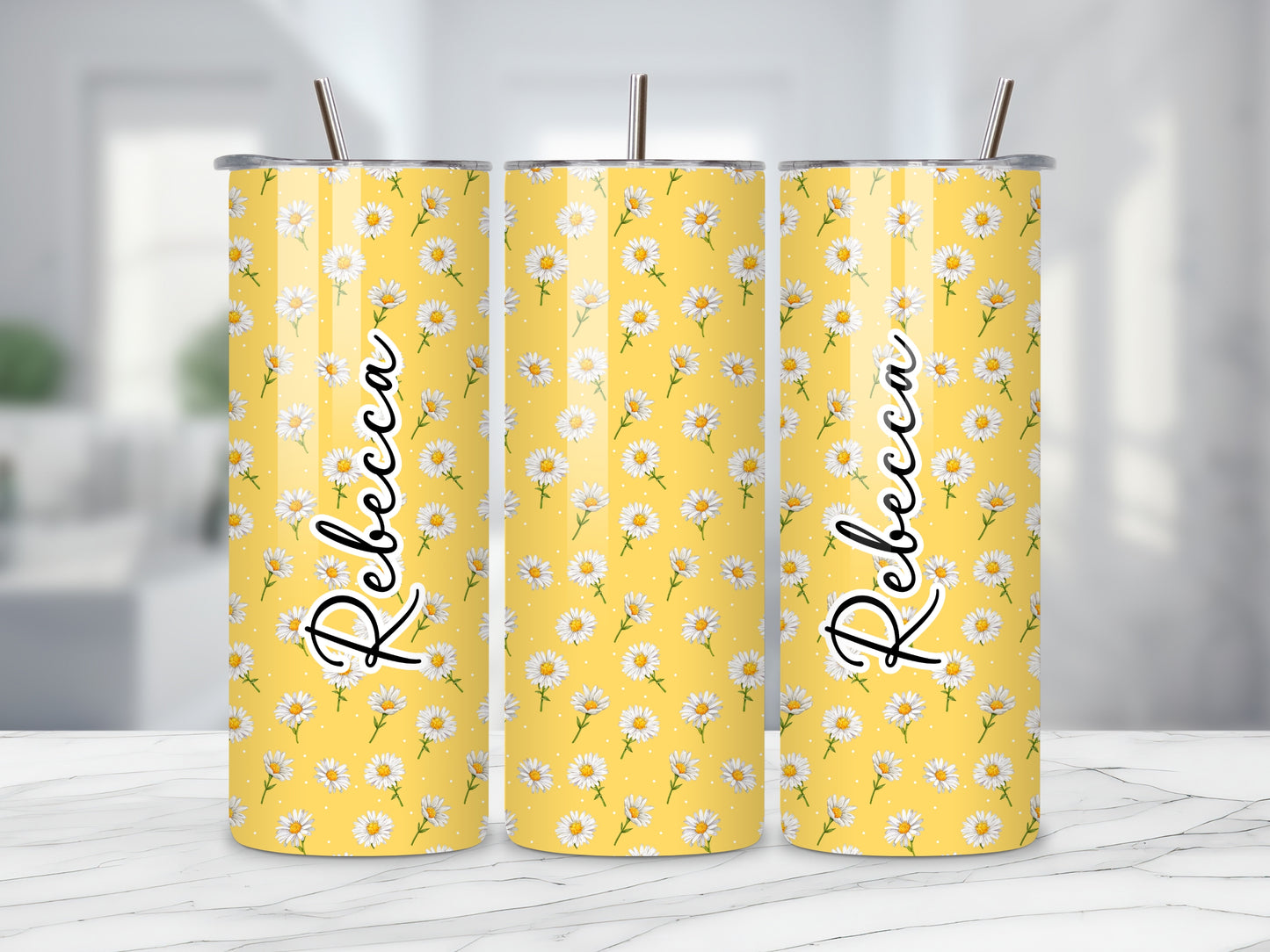 Personalised Yellow Daisy Tumbler - Add ANY Name | Custom Floral Stainless Steel Cup | Gift for Her | Summer Vibes | Cute Aesthetic Tumbler