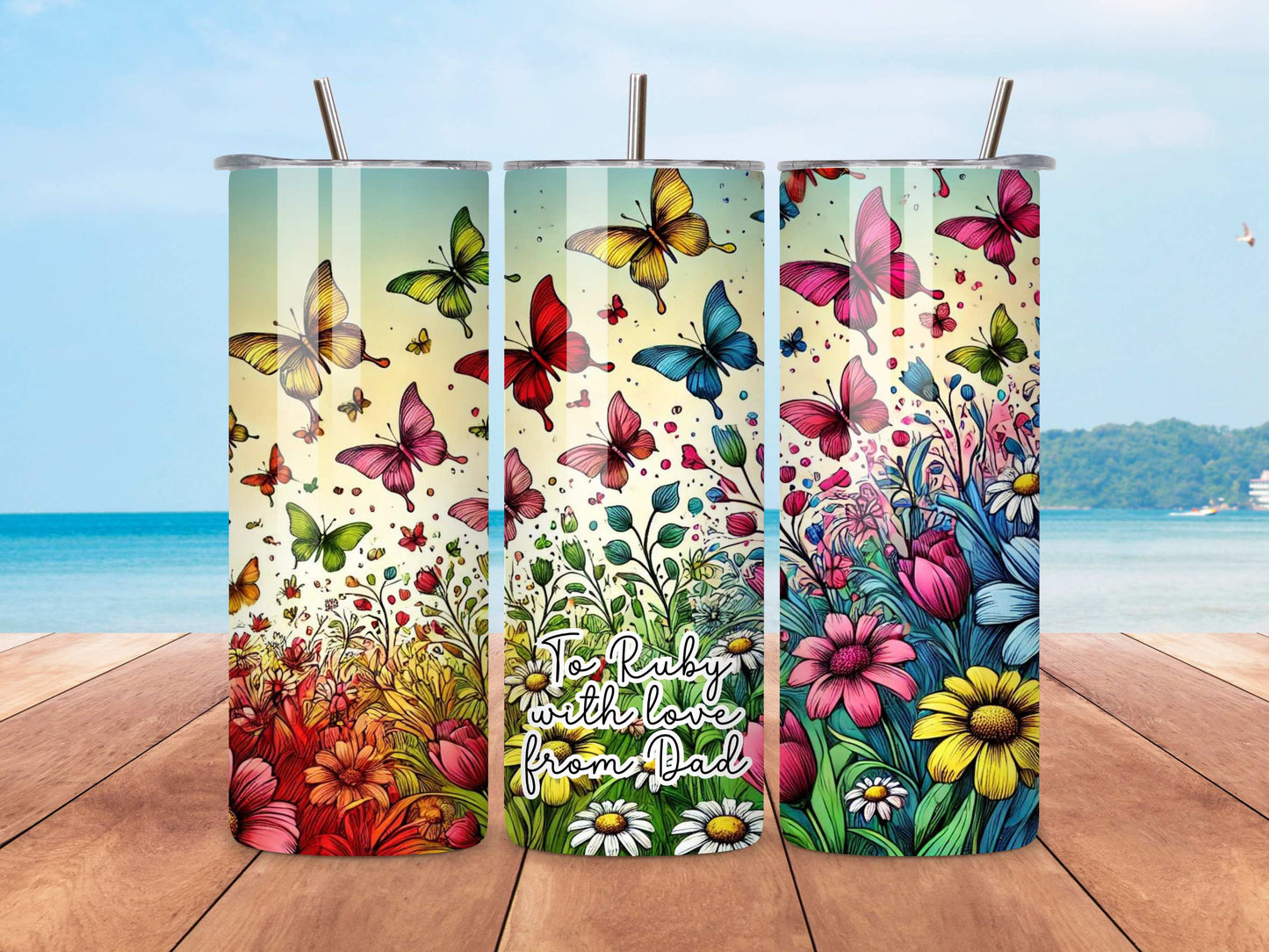 Personalised Butterfly and Floral Stainless Steel Tumbler, Custom Insulated Drinkware, Ideal Gift, Vibrant Colours