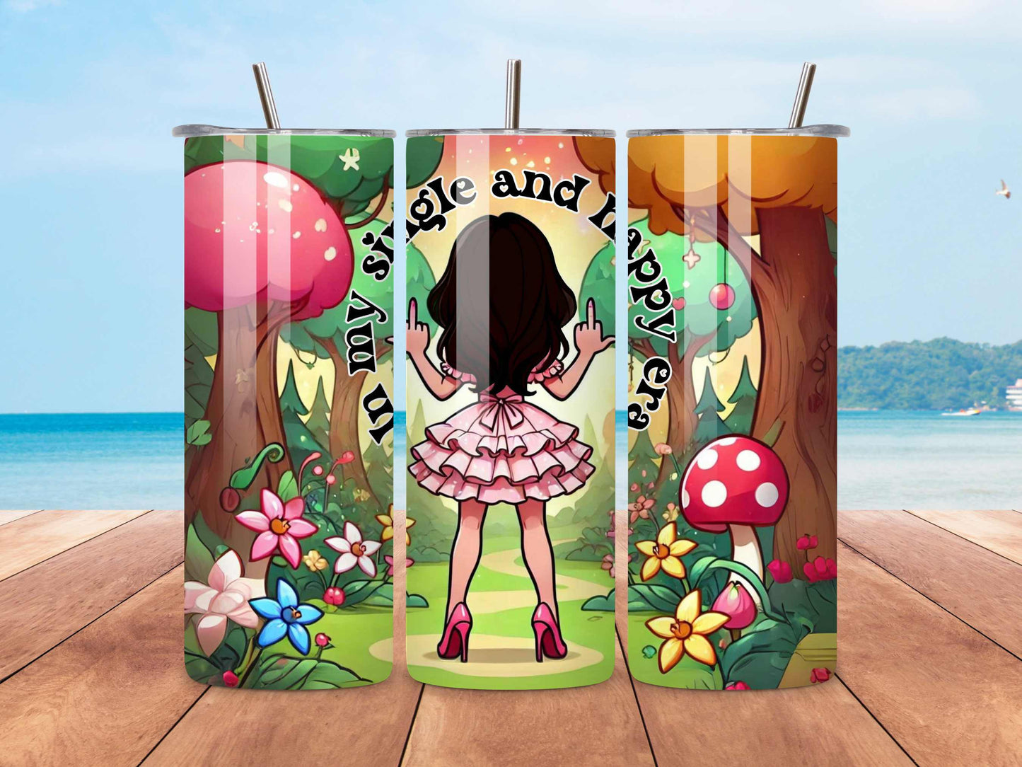 In My Single and Happy Era Funny 20oz Stainless Steel Tumbler - Double Middle Finger, Insulated Travel Mug with Reusable Straws