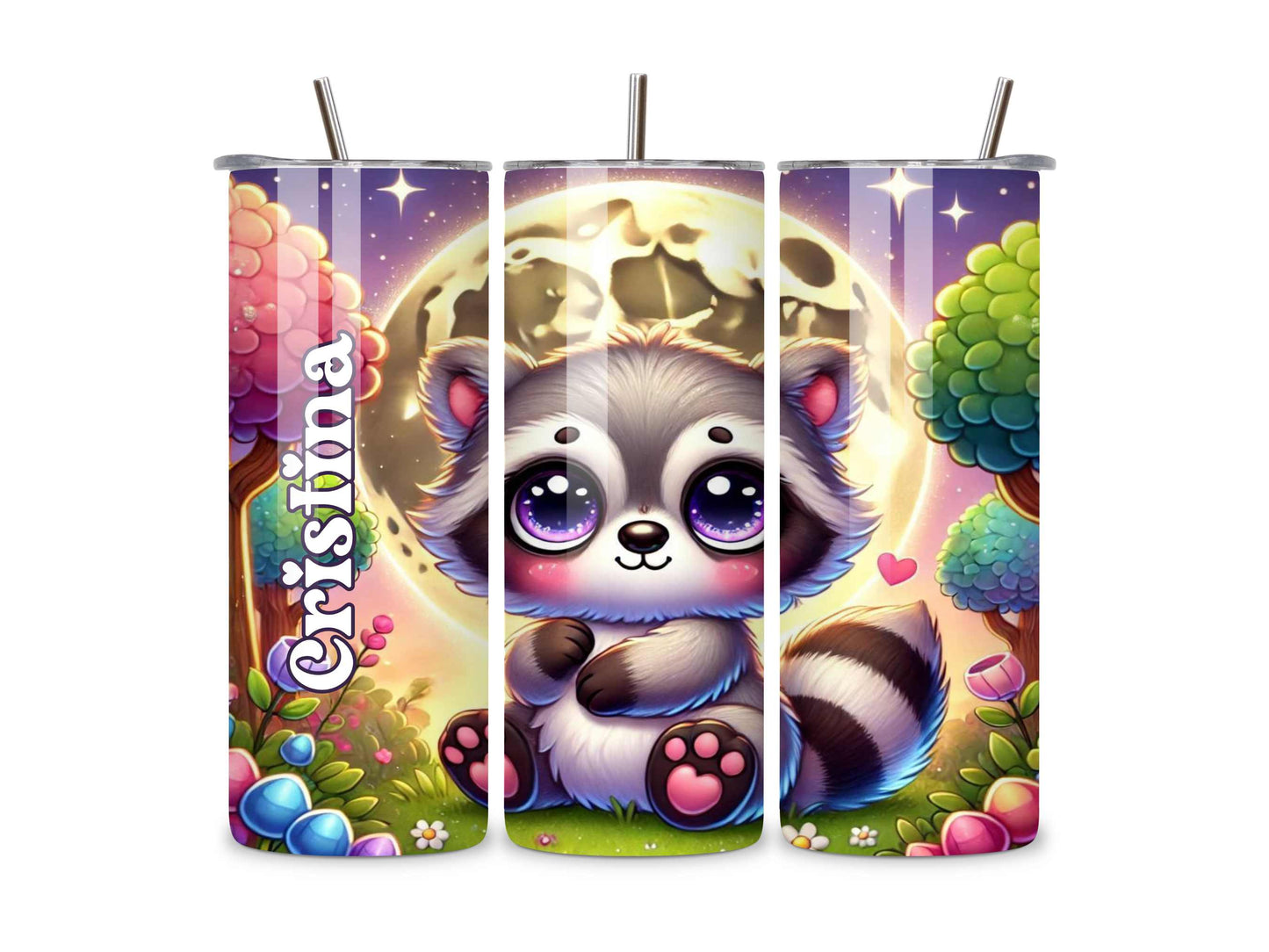 Raccoon Tumbler - Kawaii Moon Design, Custom Name, 20oz Stainless Steel