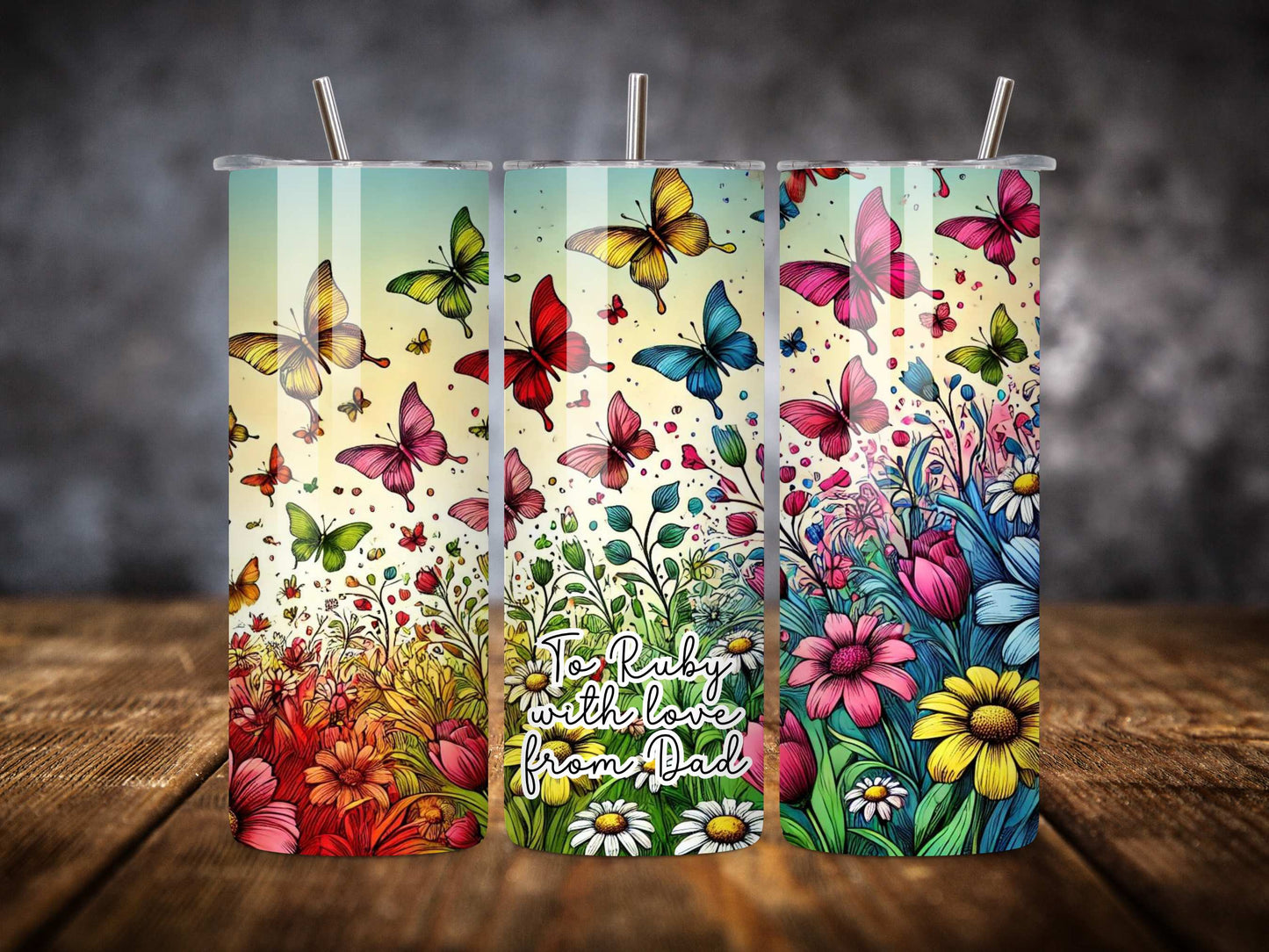 Personalised Butterfly and Floral Stainless Steel Tumbler, Custom Insulated Drinkware, Ideal Gift, Vibrant Colours