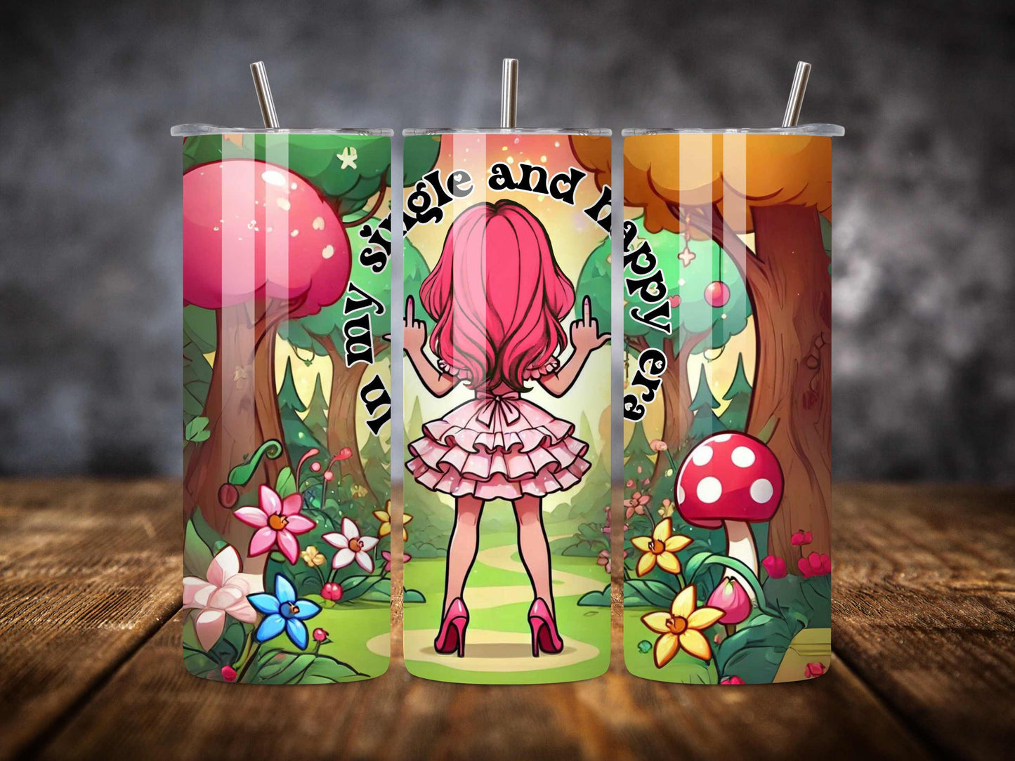 In My Single and Happy Era Funny 20oz Stainless Steel Tumbler - Double Middle Finger, Insulated Travel Mug with Reusable Straws