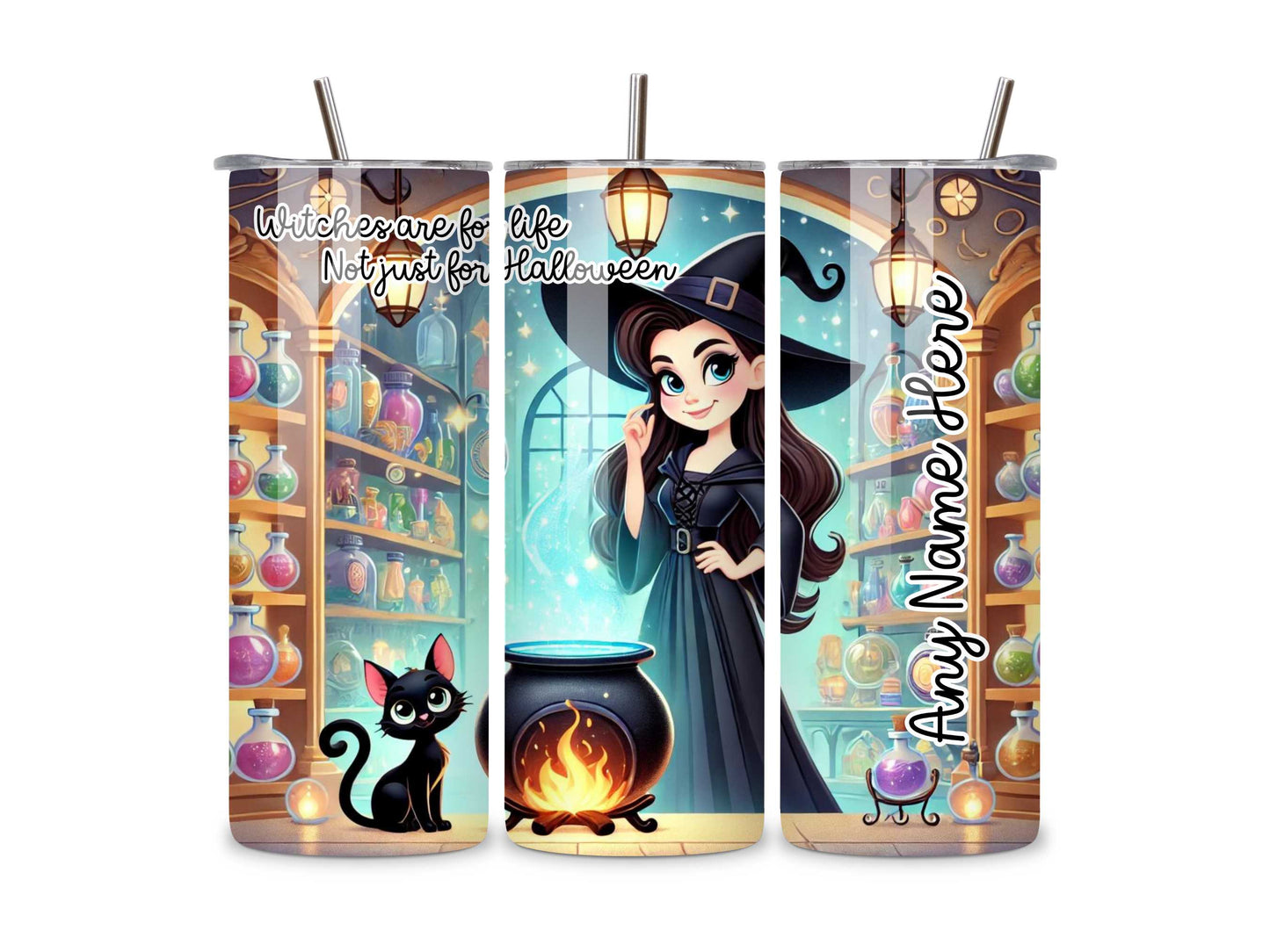 Witches Are For Life Not Just For Halloween Personalised Tumbler, Magical Witch and Black Cat Design, 20oz Stainless Steel Travel Mug, Spooky Gift, Halloween Drinkware