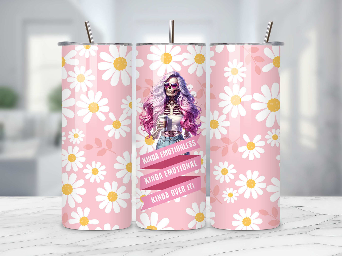 Kinda emotional kinda over it skull pastel colour tumbler