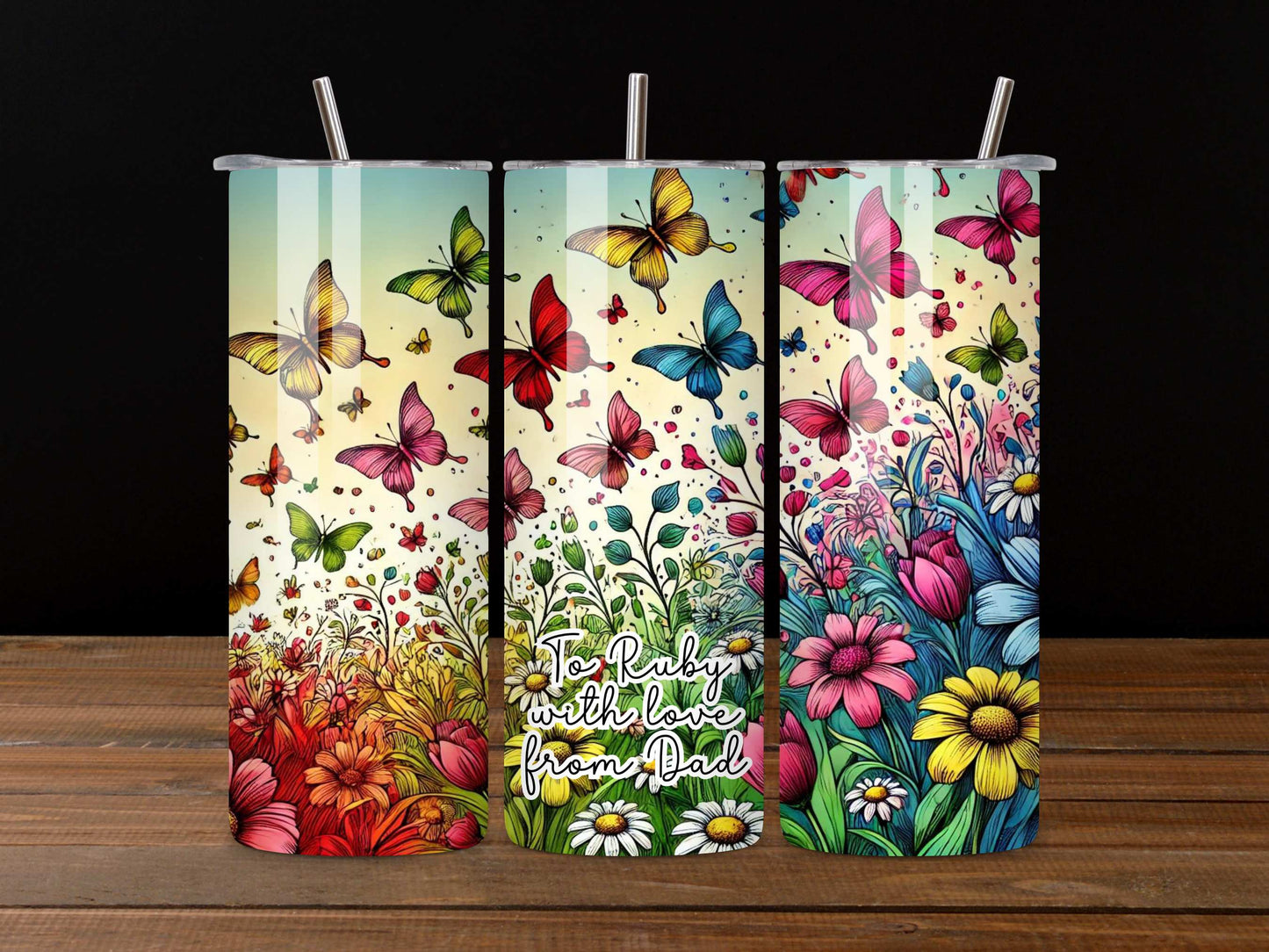 Personalised Butterfly and Floral Stainless Steel Tumbler, Custom Insulated Drinkware, Ideal Gift, Vibrant Colours