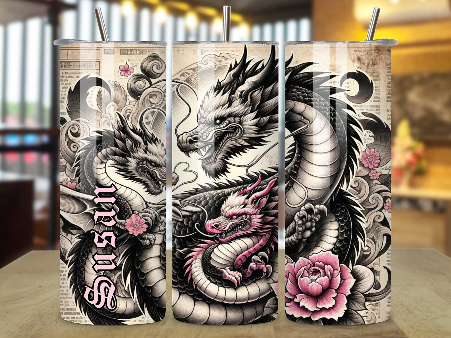 Mother Dragon with Her Children 20oz Tumbler - Black, Pink & White Tattoo Style, Stainless Steel, Personalised Drinkware, Spill-Proof, Hot & Cold