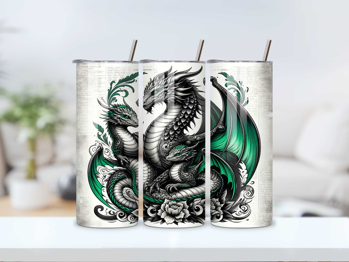 Mummy Dragon with Her Children 20oz Tumbler - Emerald Green, Tattoo Style, Stainless Steel, Spill-Proof, Hot & Cold Drinkware