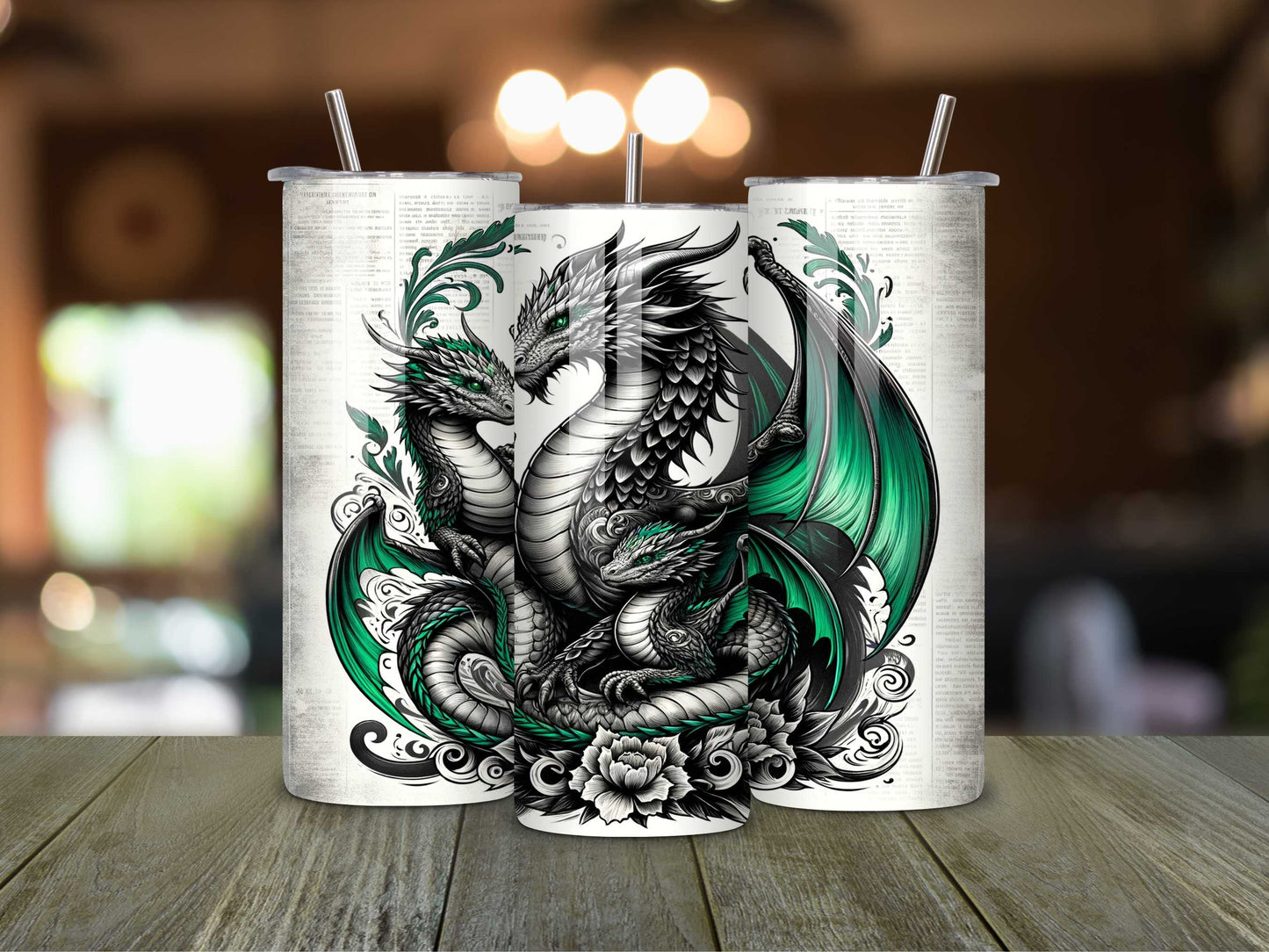 Mummy Dragon with Her Children 20oz Tumbler - Emerald Green, Tattoo Style, Stainless Steel, Spill-Proof, Hot & Cold Drinkware