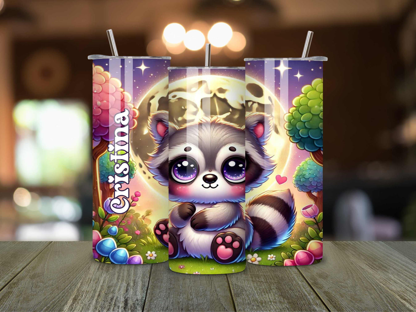 Raccoon Tumbler - Kawaii Moon Design, Custom Name, 20oz Stainless Steel