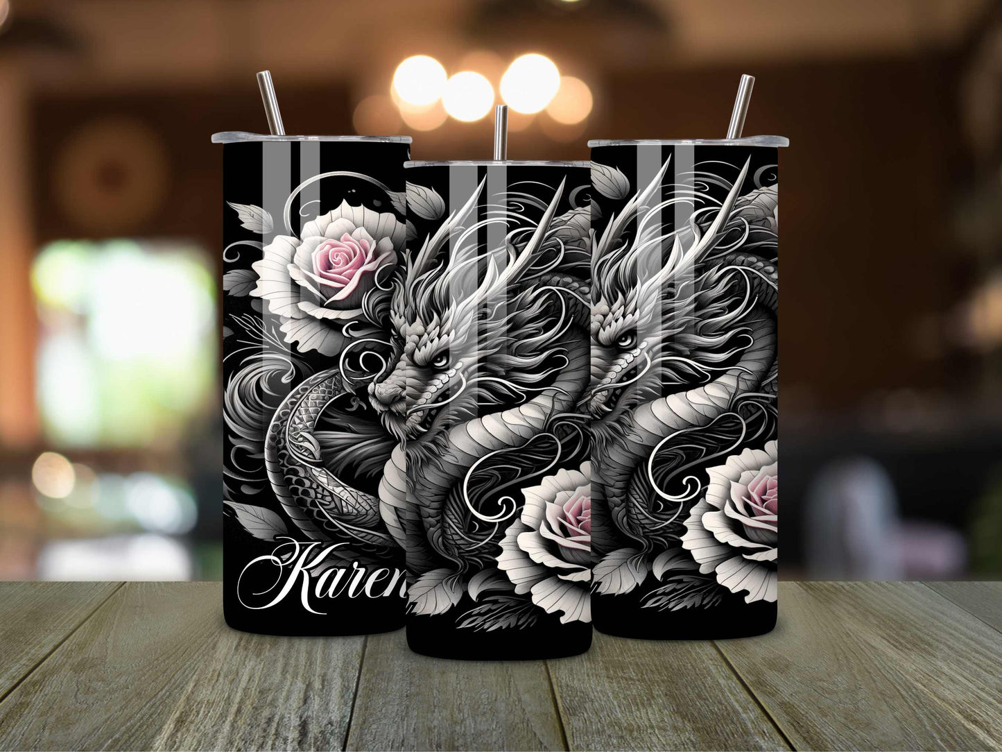 Dragon and Roses Tumbler - Custom Name 20oz Stainless Steel Tumbler