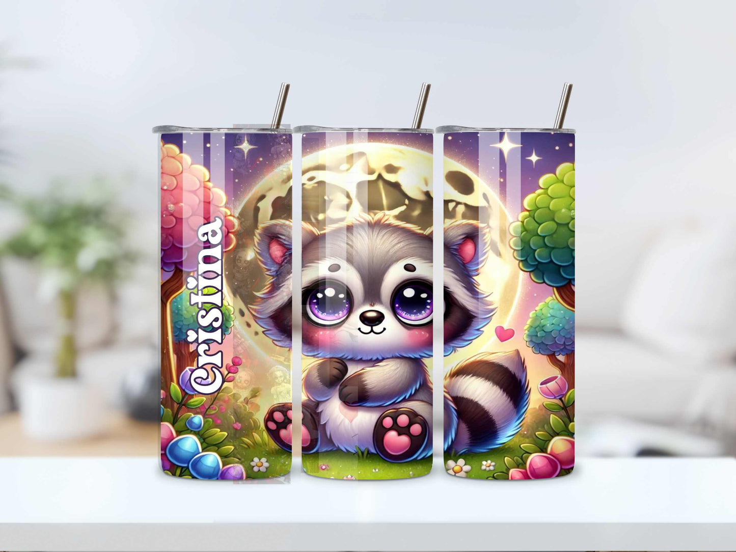 Raccoon Tumbler - Kawaii Moon Design, Custom Name, 20oz Stainless Steel